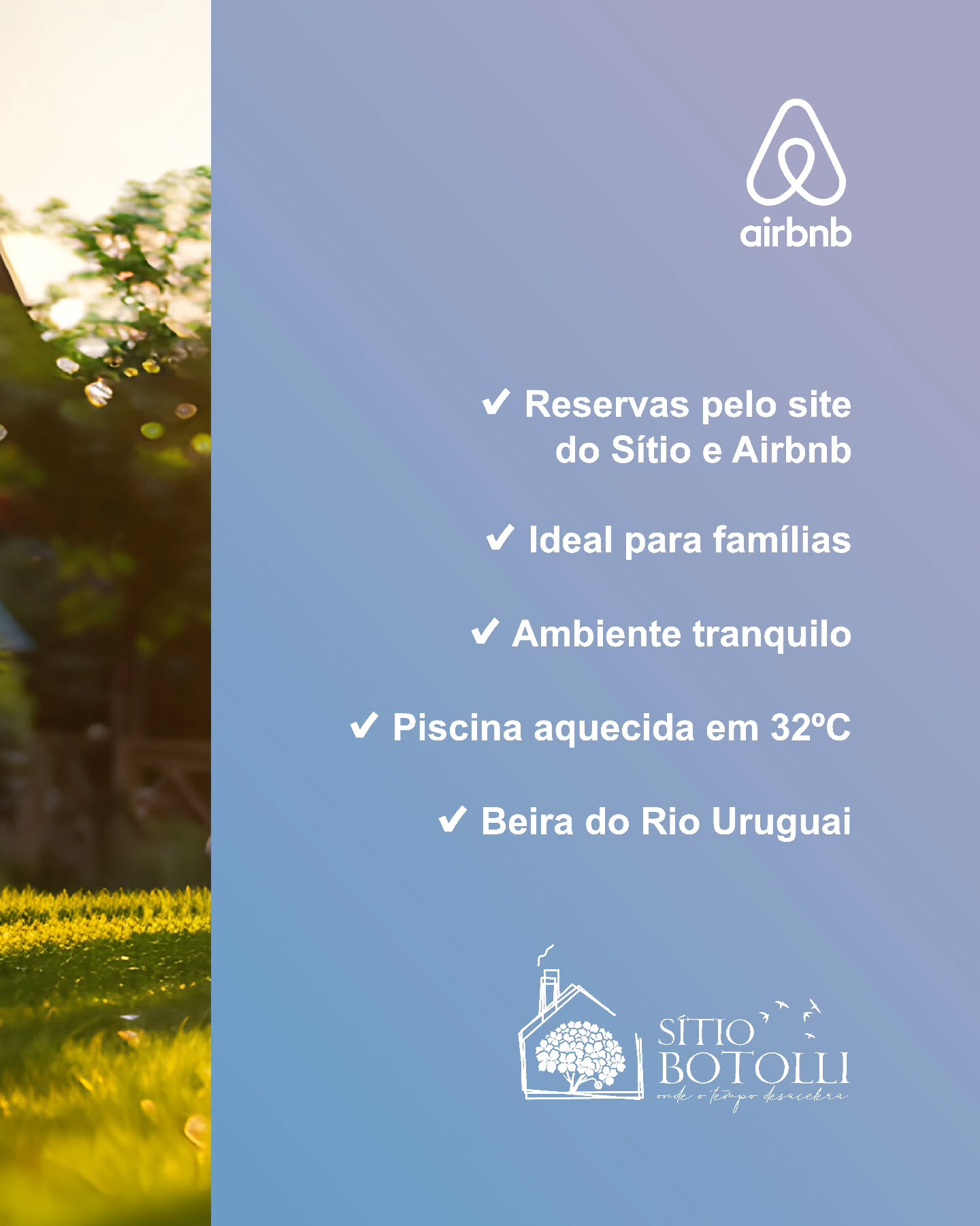 Vivemos na correria.
Relógios, compromissos, notificações.
Aqui, o tempo desacelera.
O silêncio ganha espaço.
E você pode simplesmente estar presente.
🌿 Bem-vindo ao Sítio Botolli.