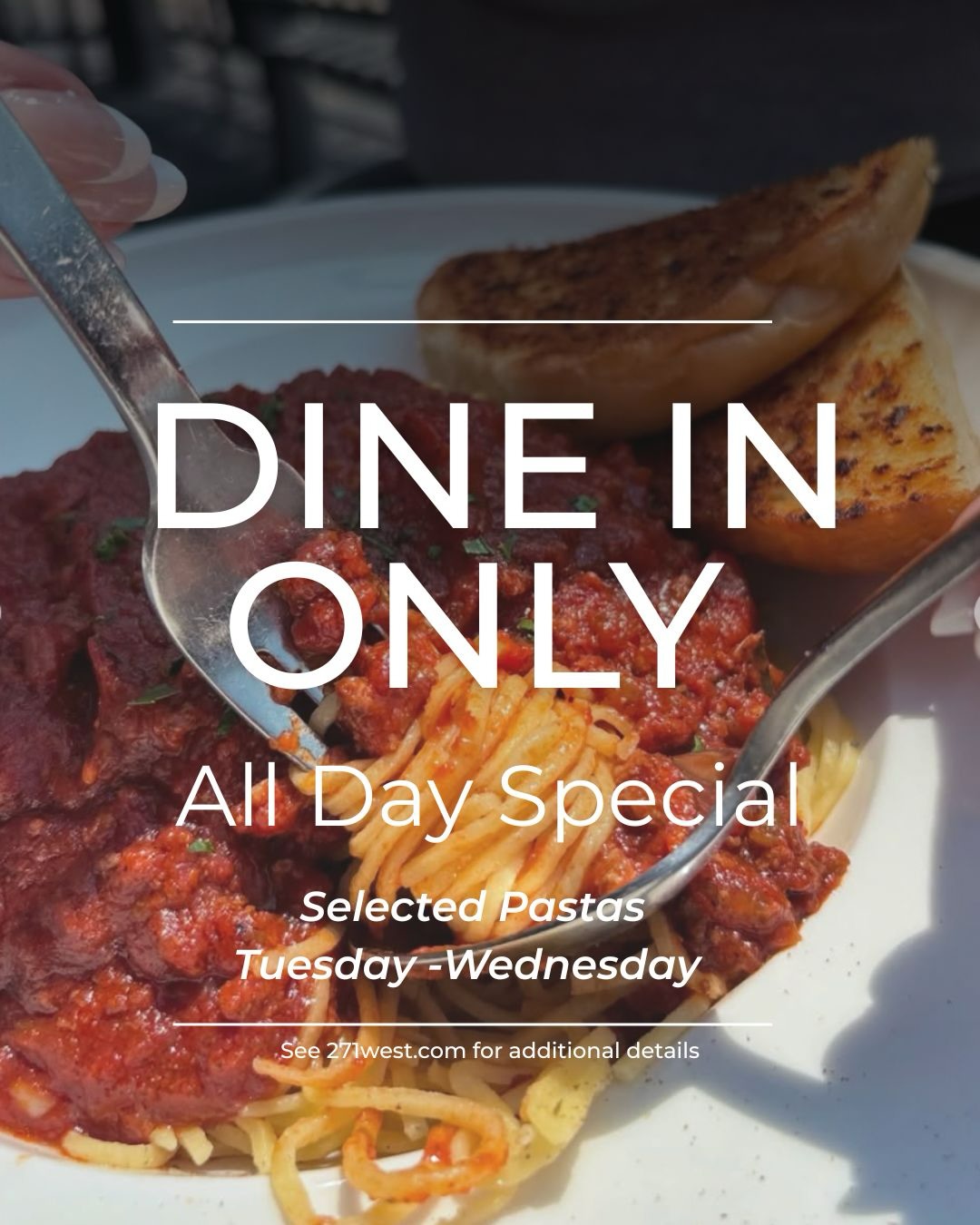 You heard right ALL DAY specials are back! 🍝
Sometimes all we need is a hearty meal for a midday pick me up. What better way than homemade pasta prepared daily by our talented chefs.
Tuesday - Wednesday EVERY week.
Featured selected pastas. Vegetarian options available.Dine in only.
See more details on 271west.com
#kitchener #waterloo #toronto #italianfood #resturant