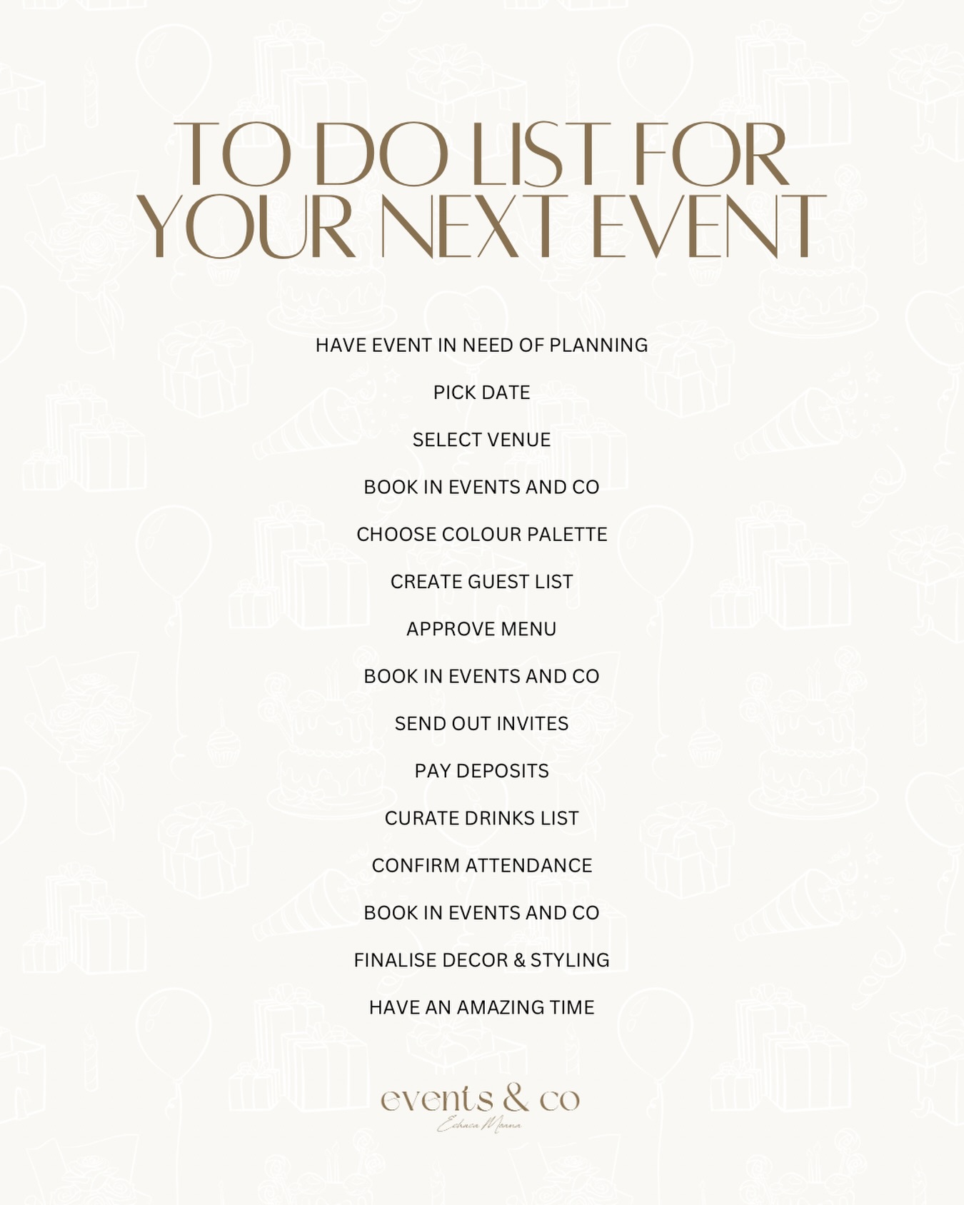 We all need a list to follow.
With a few suggestive hints to help your planning 😘