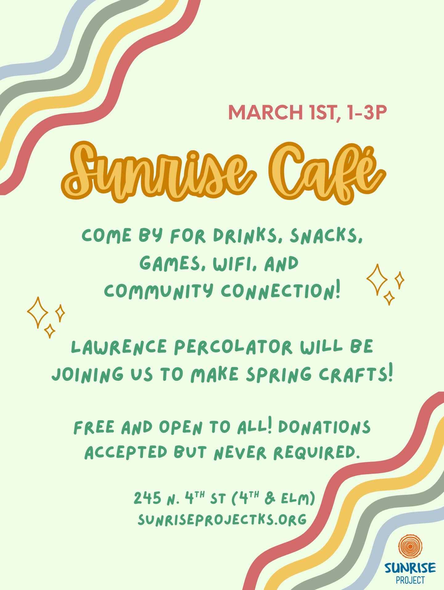 Join us for our Sunday Café today 1-3 pm for community, snacks, drinks, good vibes and art projects with @lawrencepercolator ❤️ Free and open to all! Donations accepted but never required. See you soon ✨✨✨✨