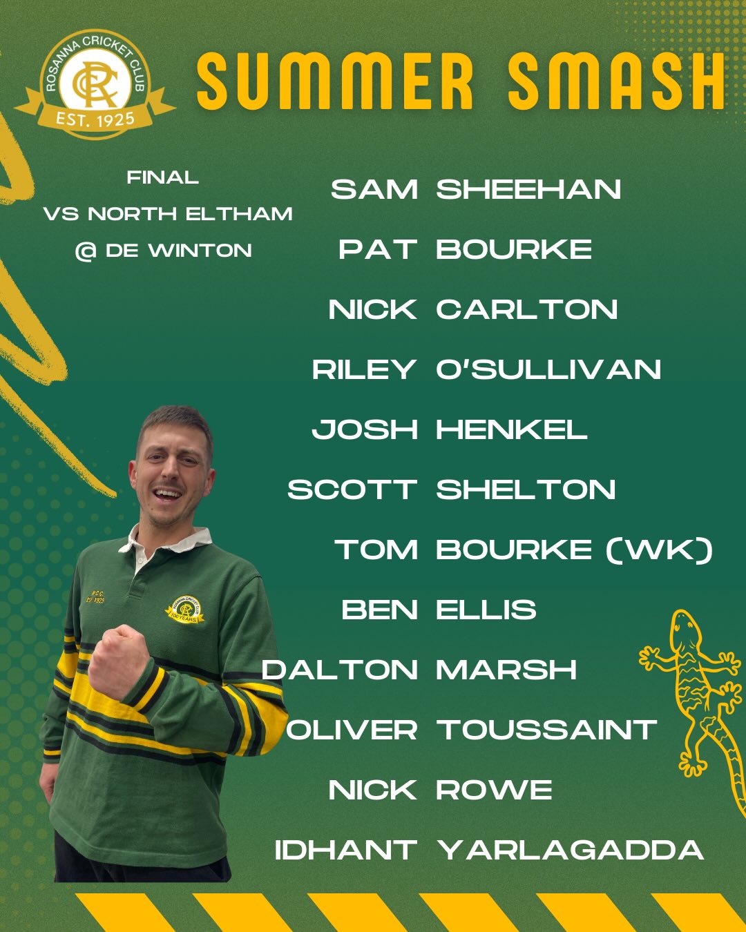 🚨 FINALS TIME 🚨
A massive Sunday for Cricket tomorrow with the Summer Smash and Vets squads playing in Grand Finals.
Summer Smash @ 4pm
Vets @ 1pm
See you there 🦎🦎