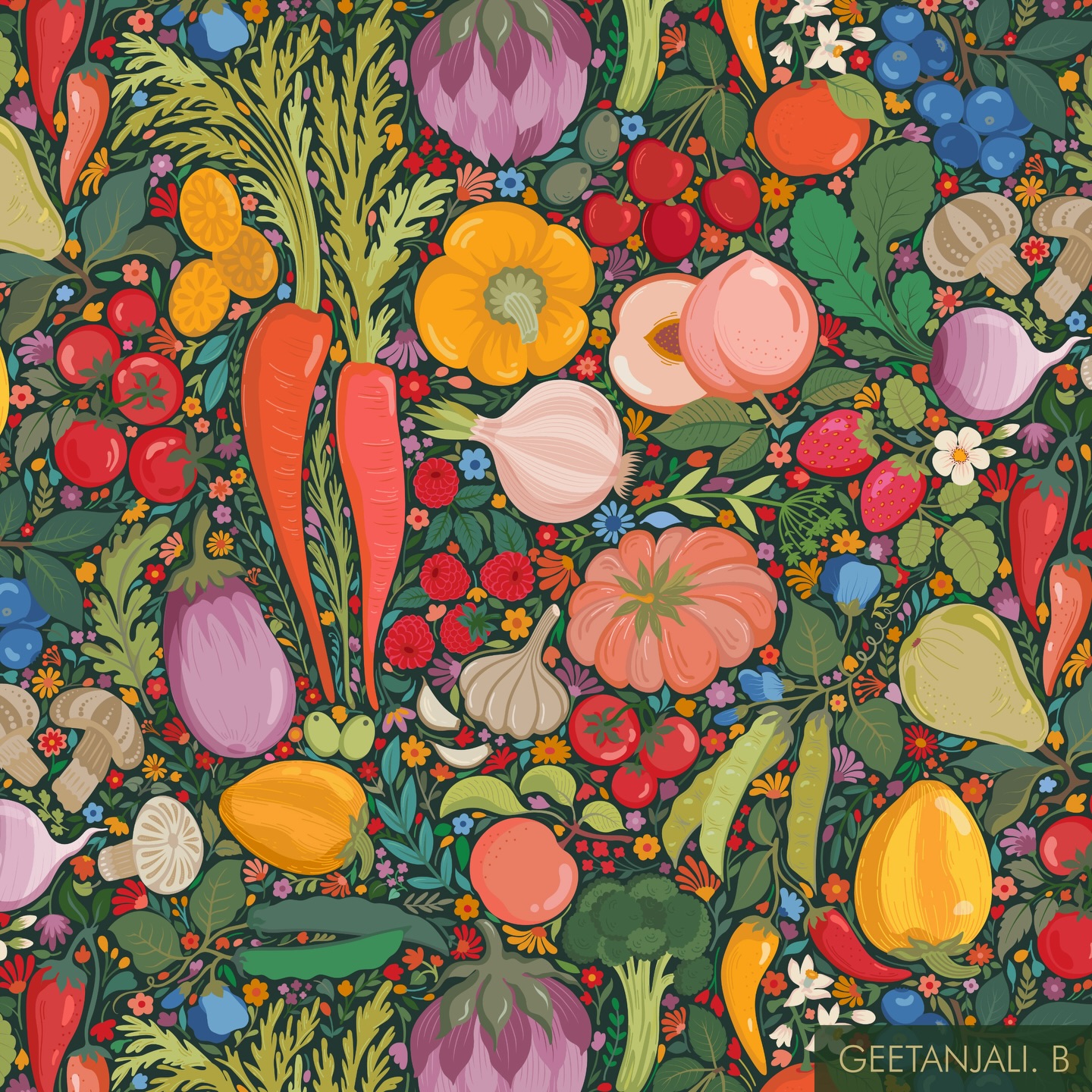 Colorful country harvest 🥦🫐🍒🥕
My entry for this week’s @spoonflower design challenge, themed Farmers market! A vibrant, maximalist celebration of fresh produce, cheerful florals, and the joy of a bustling country market 💓❤️
.
.
#spoonflowerdesignchallenge #spoonflowerartist #surfacepatterndesigns #maximaliststyle #farmersmarket ❤️