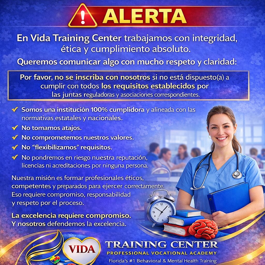 🚨 ALERTA IMPORTANTE
En Vida Training Center trabajamos con ética, cumplimiento y responsabilidad profesional.
El pago de un programa NO equivale a recibir una certificación.
Las certificaciones se obtienen cumpliendo requisitos oficiales, demostrando competencias y respetando los procesos establecidos por las juntas y asociaciones reguladoras.
Somos una institución 100% cumplidora.
No tomamos atajos.
No “flexibilizamos” requisitos.
No ponemos en riesgo nuestra reputación por nadie.
Formamos profesionales reales, preparados para ejercer correctamente en el campo de la salud conductual y mental.
Si estás listo(a) para hacer las cosas bien, con disciplina y compromiso, aquí tienes un equipo que te apoya paso a paso.
La excelencia requiere compromiso.
Y nosotros defendemos la excelencia.
#VidaTrainingCenter #ÉticaProfesional #Cumplimiento #FormaciónConIntegridad #RBT