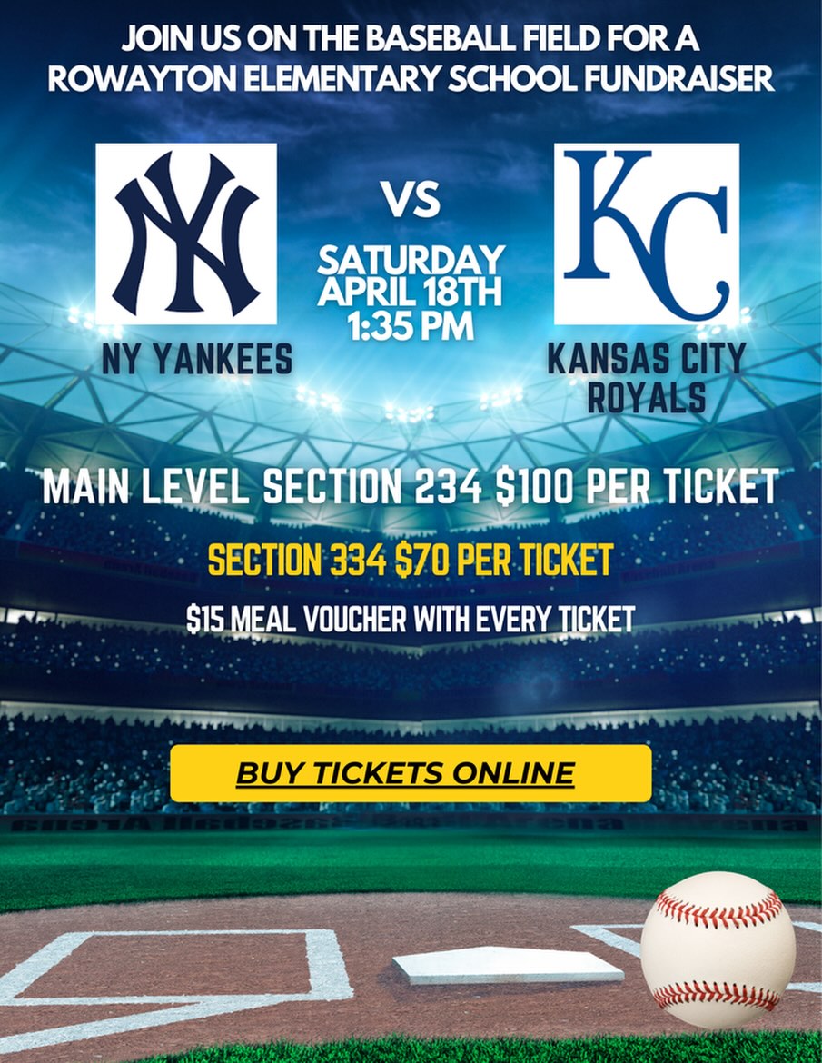 ⚾️ Don’t miss our Yankees vs. Kansas City Royals professional baseball event at Yankee Stadium on Saturday, April 18th at 1:35pm. Get your tickets now for your family and friends, this event is open to anyone outside of Rowayton Elementary! Link in bio to purchase.
Section 234 - $100 per ticket (100 seats available)
Section 334 - $70 per ticket (60 seats available)
Each ticket includes a $15 meal voucher.
Tickets will be delivered to your child’s classroom prior to the event.
Please contact the PTA if you have any questions.
Seating is by Section only.