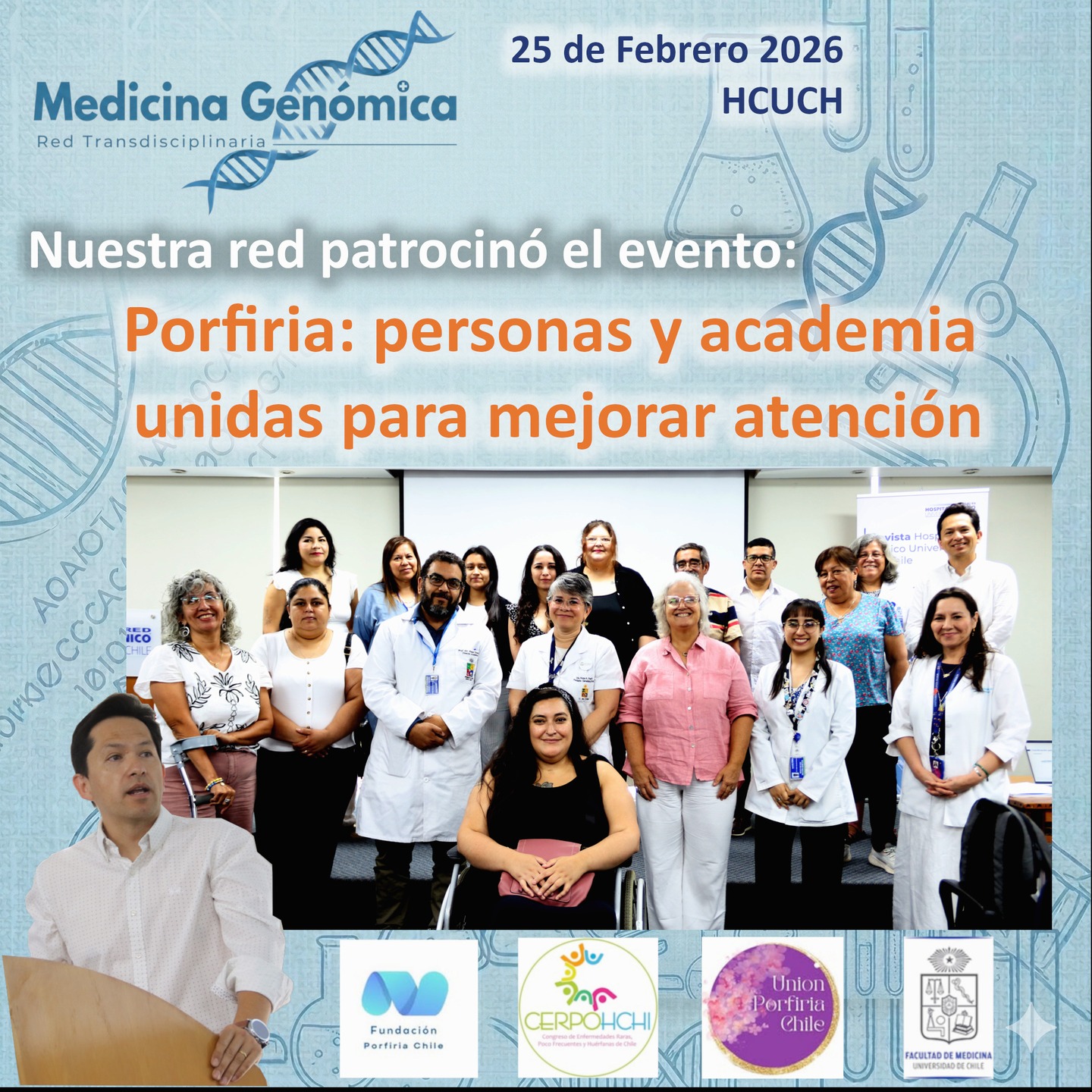 📣 El 25 de Febrero participamos en un evento en el H. de la U. de Chile para hacer entrega a los pacientes de Porfiria de un carnet que les permitirá comunicar mejor su condición y requerimientos al personal de salud.
Algo tan simple como un carnet puede salavar vidas‼️
El evento fue organizado por la Sección de Genética del Hospital Clínico Universidad de Chile y patrocinado por las Asociaciones @unionporfiriachile1 y @porfiria_chile, @cerpohchi, GERPOH-UChile y nuestra red @medgenochile.