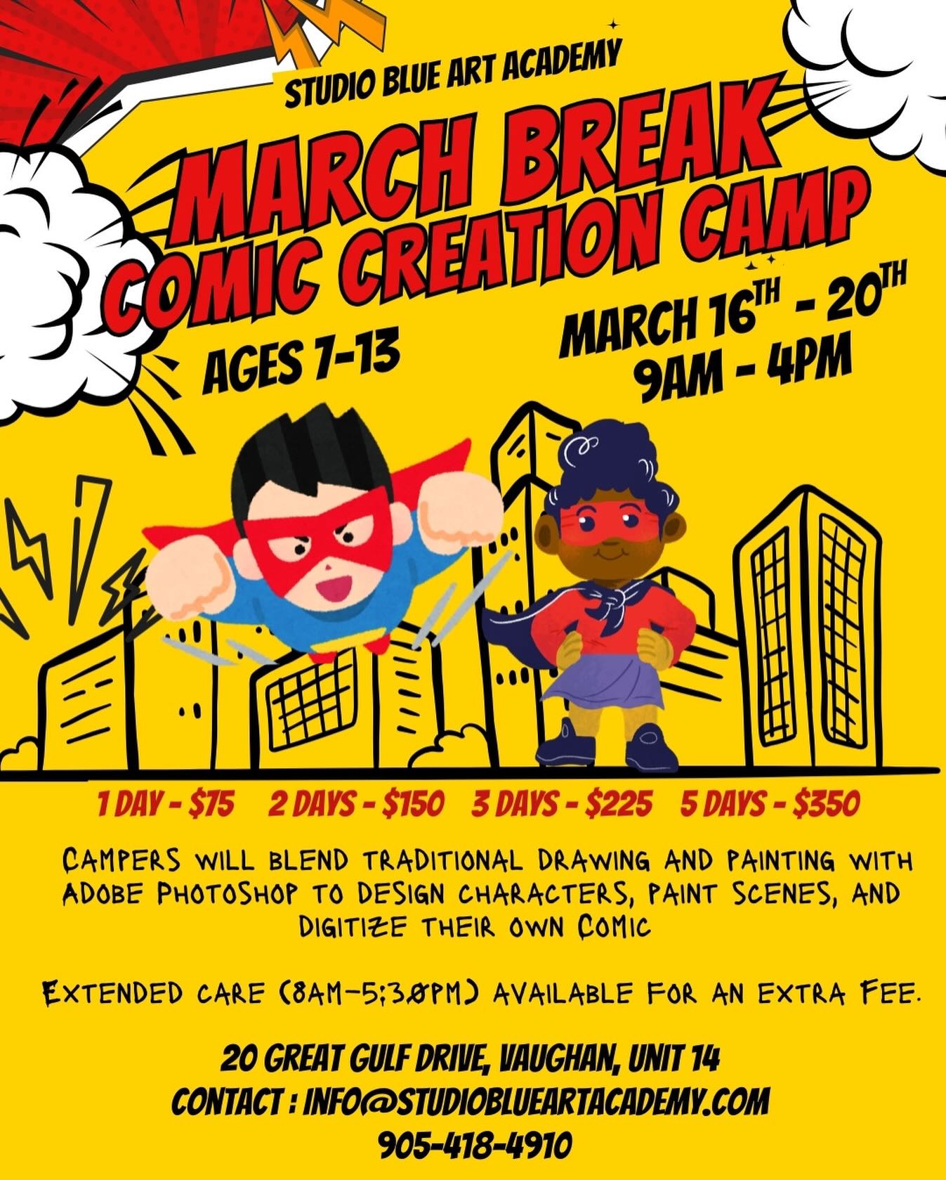 🦸♂️✨ Calling all young creators!
This March Break, kids ages 7–13 will design their own comic characters, build storylines, and bring their imagination to life at Studio Blue’s Comic Creation Camp!
From superheroes to fantasy worlds, your child will:
🎭 Create original characters
📖 Learn comic storytelling
✏️ Sketch, ink & design their own comic pages
Spots are limited! Let’s make this March Break legendary.
📍 Studio Blue Art Academy
📩 DM us to register!