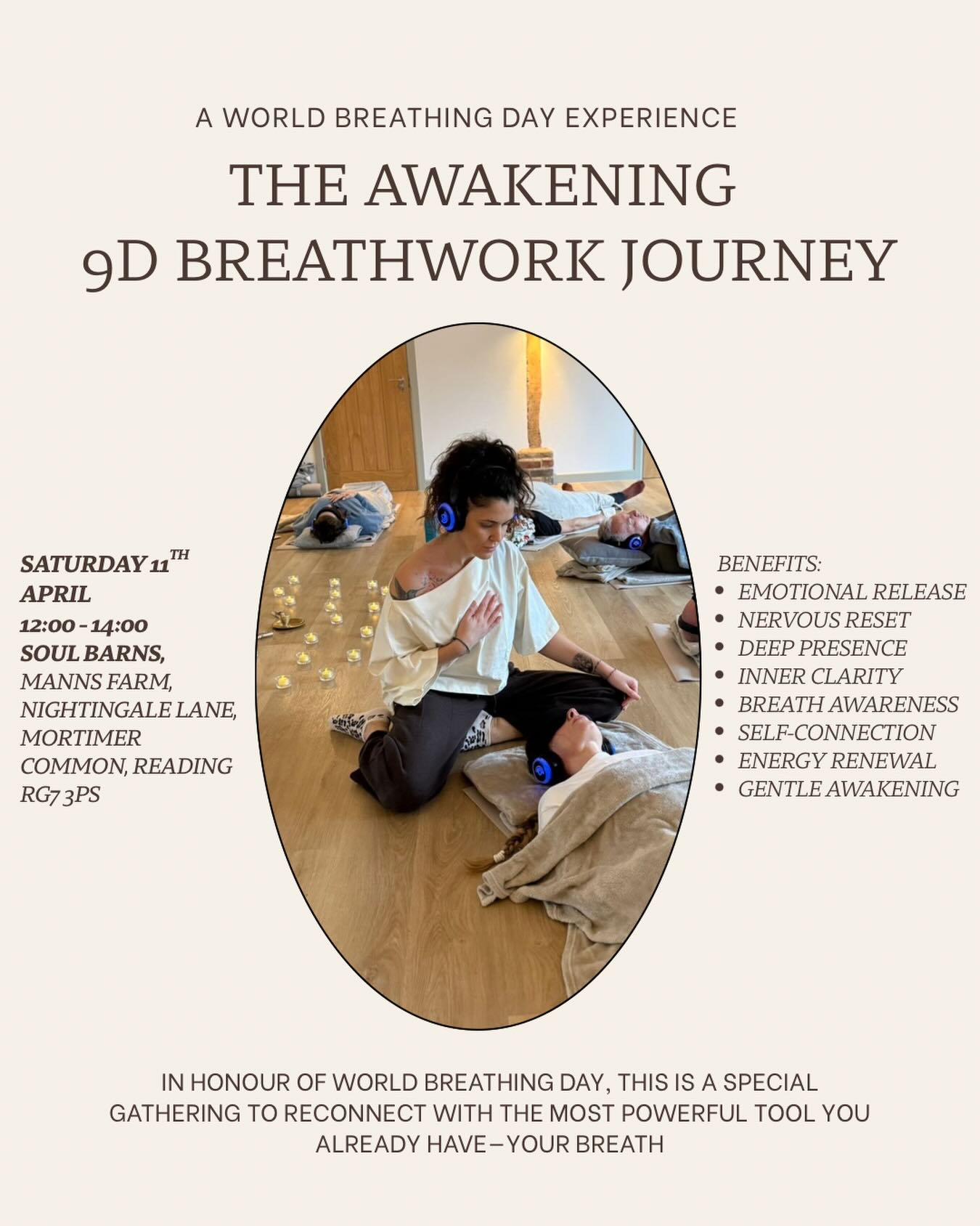 We breathe every day… yet so few of us truly use this most natural tool to support and regulate the nervous system.
On World Breathing Day, I’m inviting you to join me for a special 9D Breathwork experience at Soul Barns:
🌬 The Awakening Journey
A space to awaken, release, and reconnect through the power of your breath.
This journey is designed to support:
✨ Emotional Release
✨ Nervous Reset
✨ Deep Presence
✨ Inner Clarity
✨ Breath Awareness
✨ Self-Connection
✨ Energy Renewal
✨ Gentle Awakening
Through breath, immersive sound, and guided awareness, we create space to soften what has been held, reconnect with the body, and return to a deeper sense of self.
This is a chance to pause, breathe intentionally, and honour the incredible power of the breath — not only as something that keeps us alive, but as something that can help us feel more present, clear, open, and alive.
🗓 Saturday, 11 April 2026
⏰ 12:00 – 14:00
📍 Soul Barns, Manns Farm, Nightingale Lane, Mortimer Common, Reading, RG7 3PS
In honour of this special day, this gathering is offered as an invitation to reconnect with the most powerful tool you already have — your breath.
🤍 Book your space now
#breathworkuk #worldbreathingday #nervoussystemhealing #emotionalrelease #wellbeingjourney