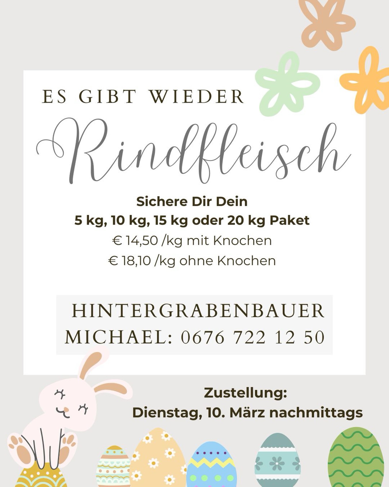 Es geht wieder los: es gibt Rindfleisch 🥩in gewohnter Qualität 😋😍.
1. Termin: 10. März im Raum Windischgarsten
Wir freuen uns auf Deine Bestellung.
#hintergrabenbauer
#rindfleisch
#pyhrnpriel