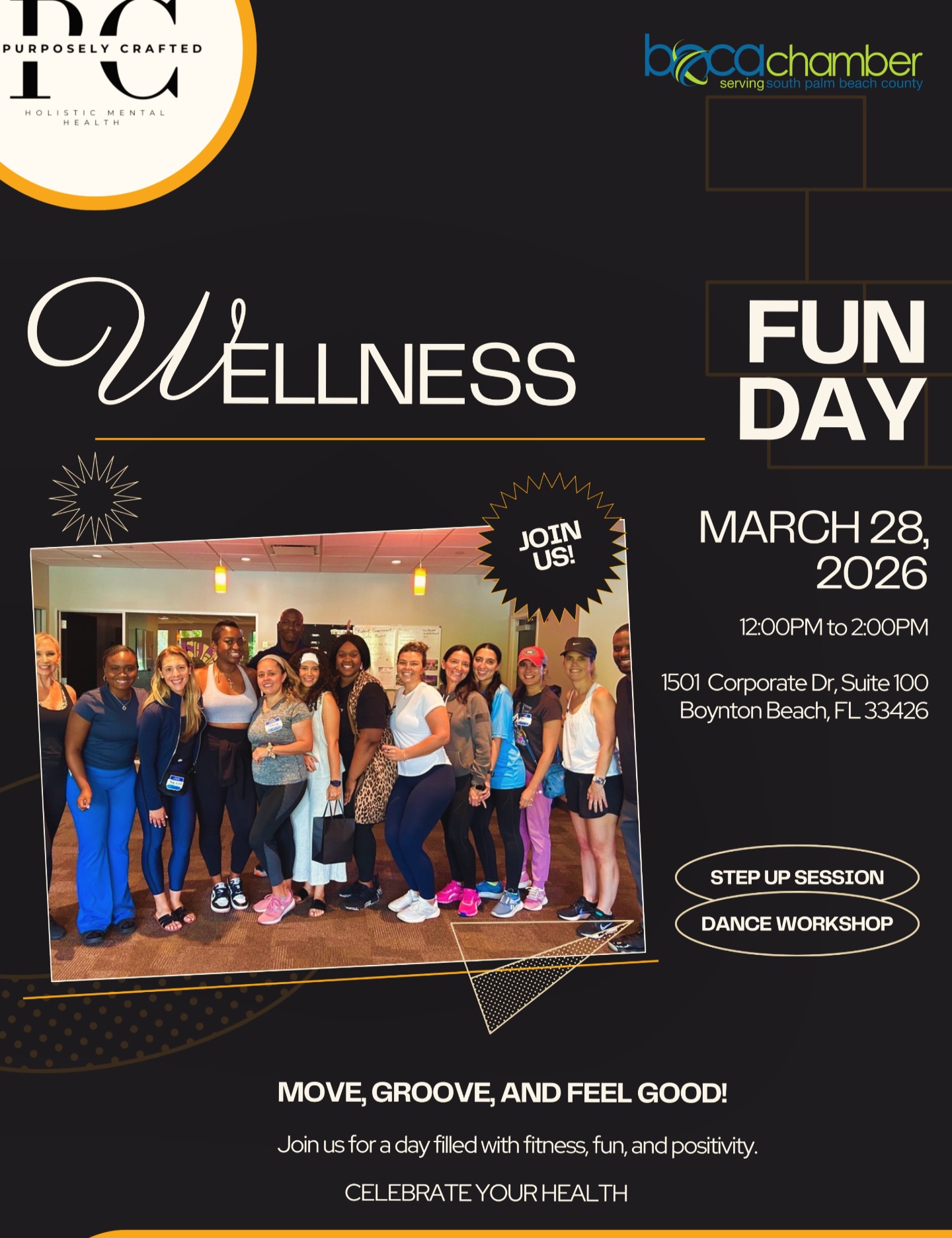 Join us and local professionals for a fun afternoon of moving our bodies! #networking #palmbeachflorida #community #professionals #craftingcommunity