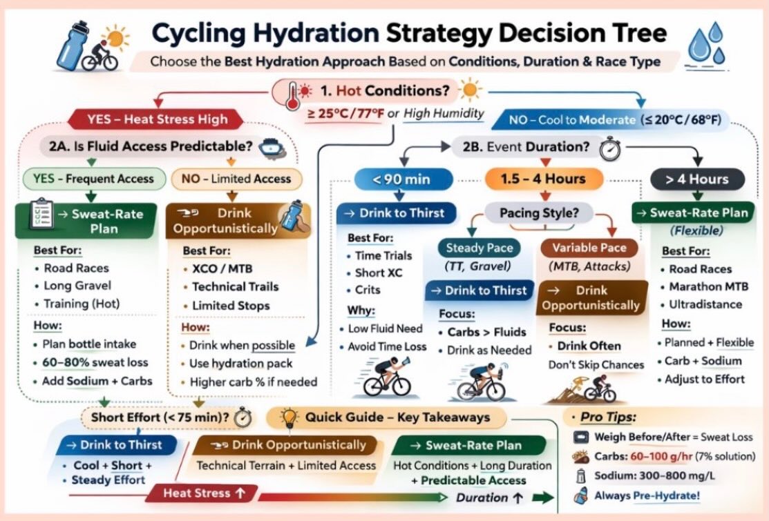 The UCI Sports Nutrition Project highlights something I see athletes miss all the time:
👉 Know your sweat rate.
In extreme heat (and even cold), dehydration of just 1–4% body weight can impact performance. Yet most athletes are guessing their fluid needs.
Hydration isn’t just about “more sodium.”
It’s about understanding:
• Your personal sweat rate
• The environment
• The terrain
• The intensity
• The opportunities you’ll actually have to drink
I have my athletes measure and track their sweat rate alongside training so when race day comes — especially in heat — there’s a baseline plan in place.
From there? We adjust. Because context always matters.
There’s no one-size-fits-all hydration plan.
But there is a smarter way to approach it.
If you want to beat the heat this spring and summer, shoot me a DM and let’s build your baseline.
#unbound #heattraining #sportsnutrition #hydrate #cycling