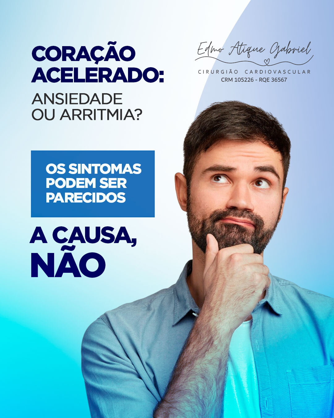 Coração acelerado, aperto no peito e aquela sensação de perigo iminente. Será que é “só” nervoso ou o coração está com problemas?
Essa é uma das dúvidas mais comuns no consultório. Embora os sintomas físicos se pareçam, a origem é diferente.
Na ansiedade, o coração acelera como resposta do corpo a uma descarga de adrenalina provocada pelo estresse ou pelo medo.
Já na arritmia, existe uma falha elétrica no próprio coração, que pode fazê-lo bater de forma descompassada, falhar ou disparar sem nenhum gatilho emocional aparente.
⚠️ Atenção: palpitações frequentes não devem ser ignoradas. O diagnóstico de exclusão é essencial: primeiro é preciso confirmar que o coração está fisicamente saudável. Só depois, com segurança, tratar as questões emocionais.
Você já passou por esse susto? Conhece alguém que vive achando que está infartando?
Encaminhe este post, informação também acalma.
#CoraçãoAcelerado #AnsiedadeOuArritmia #SaúdeDoCoração #ArritmiaCardíaca #Ansiedade #Cardiologia #Palpitação #Prevenção #DiagnósticoCorreto #CuidadoComOCoração