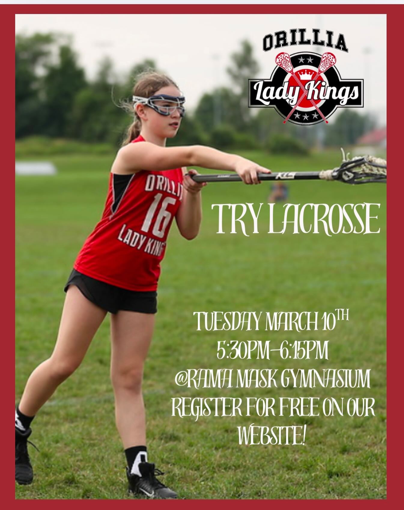 Is your child interested in trying girls field lacrosse for the first time?
Register for our try lacrosse taking place on March 10 from 5:30-6:15pm at the Rama Mask Gymnasium!
The program is at no cost to you, but you have to be registered!
⚪️ Clean running shoes are required (no cleats)
⚪️ Stick is provided upon arrival (if you have one, feel free to bring it!)
We look forward to seeing you!
#girlsisplayerstoo #growthegame #orillialadykings #playlikeagirl