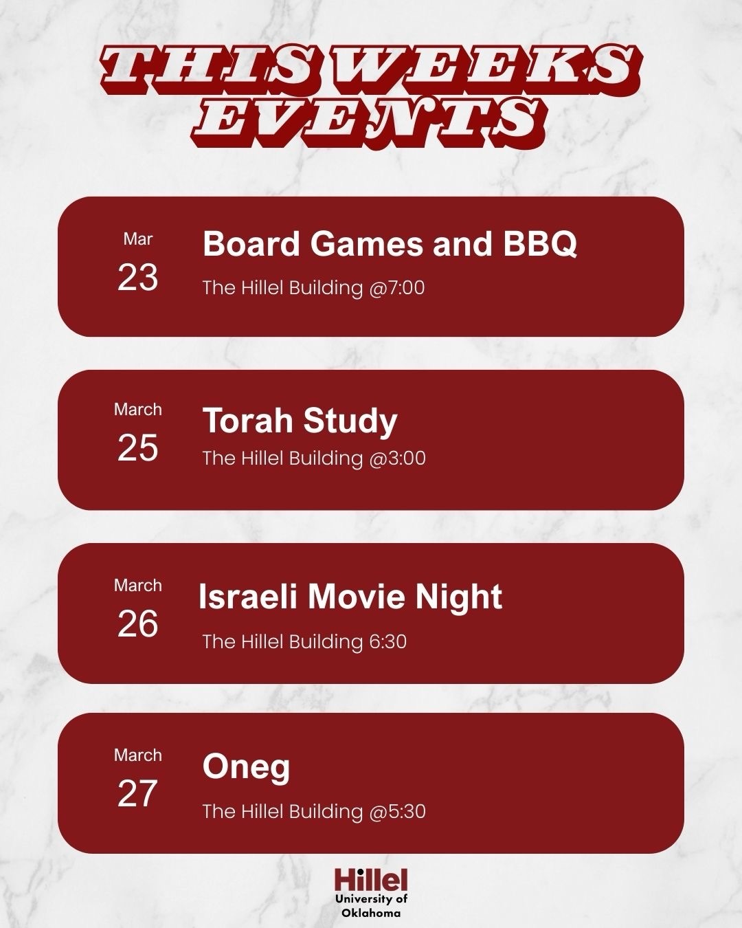 OU, this week at Hillel āØ
Swipe for flyers + more event details via our chatbot.