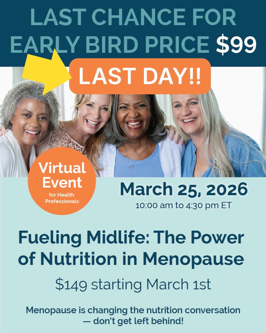 ⏰ LAST CALL, FRIENDS.
Early bird pricing for Fueling Midlife: The Power of Nutrition in Menopause ends TODAY, Feb 28th, 2026 — and after that, registration jumps to $149.
That’s $50 you could keep in your pocket… or spend on snacks. Your call.
Here’s why you don’t wait:
✨ Get the menopause nutrition & hormone therapy foundation most of us were never taught.
✨ Learn from experts who’ve already combed the research — so you don’t have to.
✨ Walk away with practical strategies you can use with clients immediately.
✨ A full day dedicated to menopause nutrition? Rare. Valuable. Necessary.
⚡️ Bonus reality check: The replay will NOT be sold after the event. Registering is the only way to access it.
If menopause nutrition is part of your practice (or should be), this is your moment.
👉 Secure your spot. Save $50. Comment “summit” for the registration link.