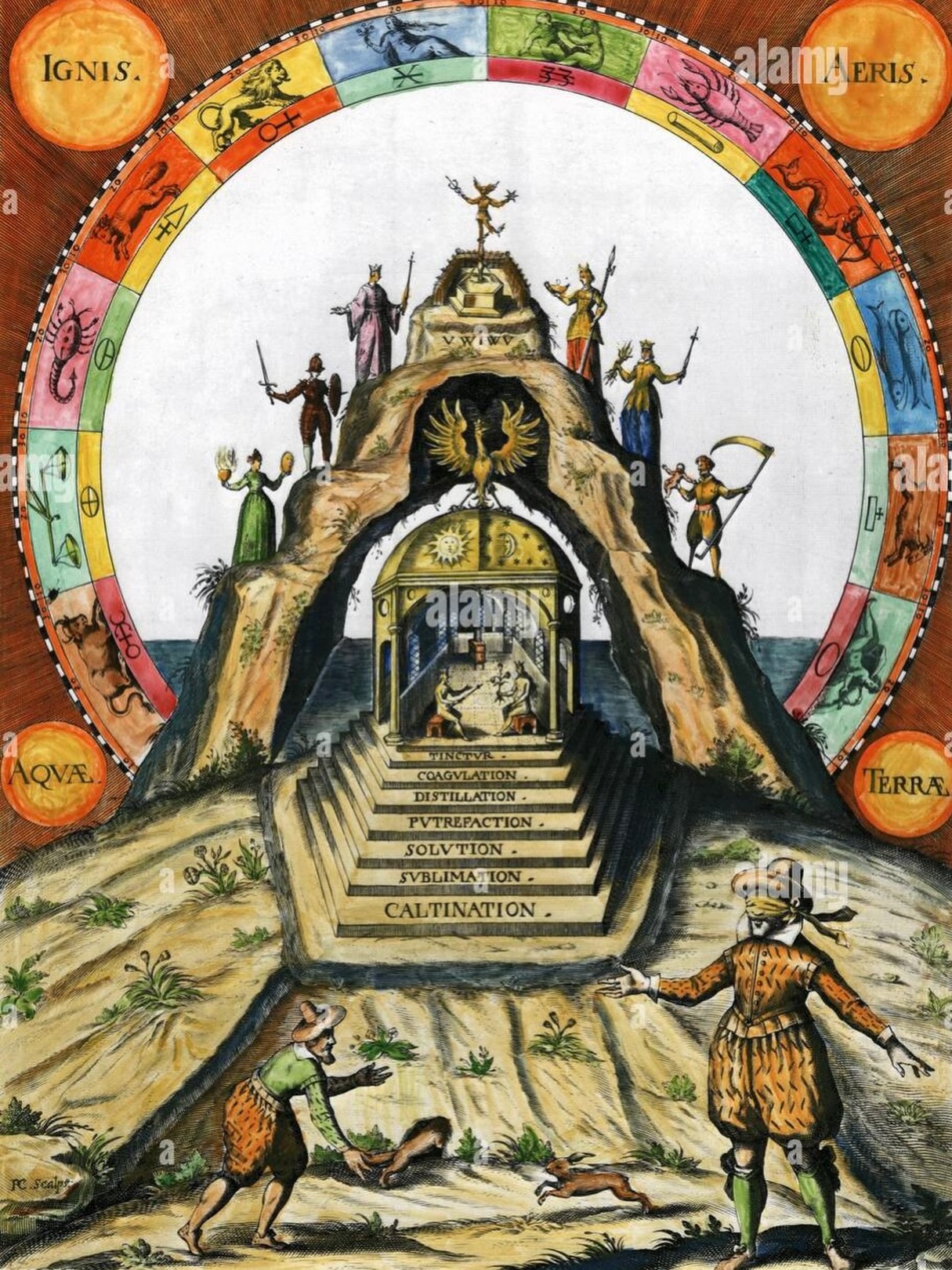 There are seven initiations before someone reaches the inner and higher degrees.
The Three Symbolic degrees, as well the degrees of the Philosophocal Series: 4-7 class, 8-11 class, 12-17 class and 18-30 class. Each class corresponds to one initiation.
These seven degrees represent the alchemical mountain into which the alchemist must find the entrance.
The seven operations or initiations lead into the centre of the mountain (90th degree) where the King and Queen celebrate their wedding, which is crowned by the Phoenix bird (work of the 95th degree).
The harmony between the signs of the zodiac, planets and elements, the macrocosm and
the microcosm, is the same that the alchemist must achieve within themself in order to complete their opus.
Text by Frater Orpheus V. (33-90-95),
edited by Frater Ptahhotep (33-90-97)