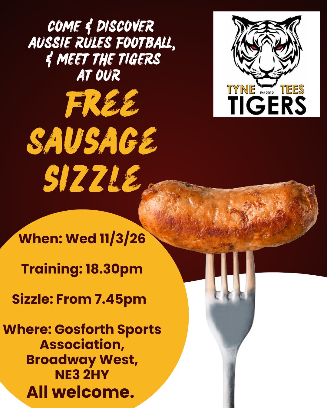 Spring, sunshine and a sausage sizzle! Come and try your hand at ‘Aussie Rules Football’, and join us at our club sausage sizzle. New players are very welcome, no experience needed, and it’s a great way to have fun and stay fit.
Please ‘thumbs up’ this post if you’re coming along (just so we can make sure we’ve got plenty of ‘snags’ to go around), and feel free to forward this post to anyone who might want to give Aussie Rules a go.