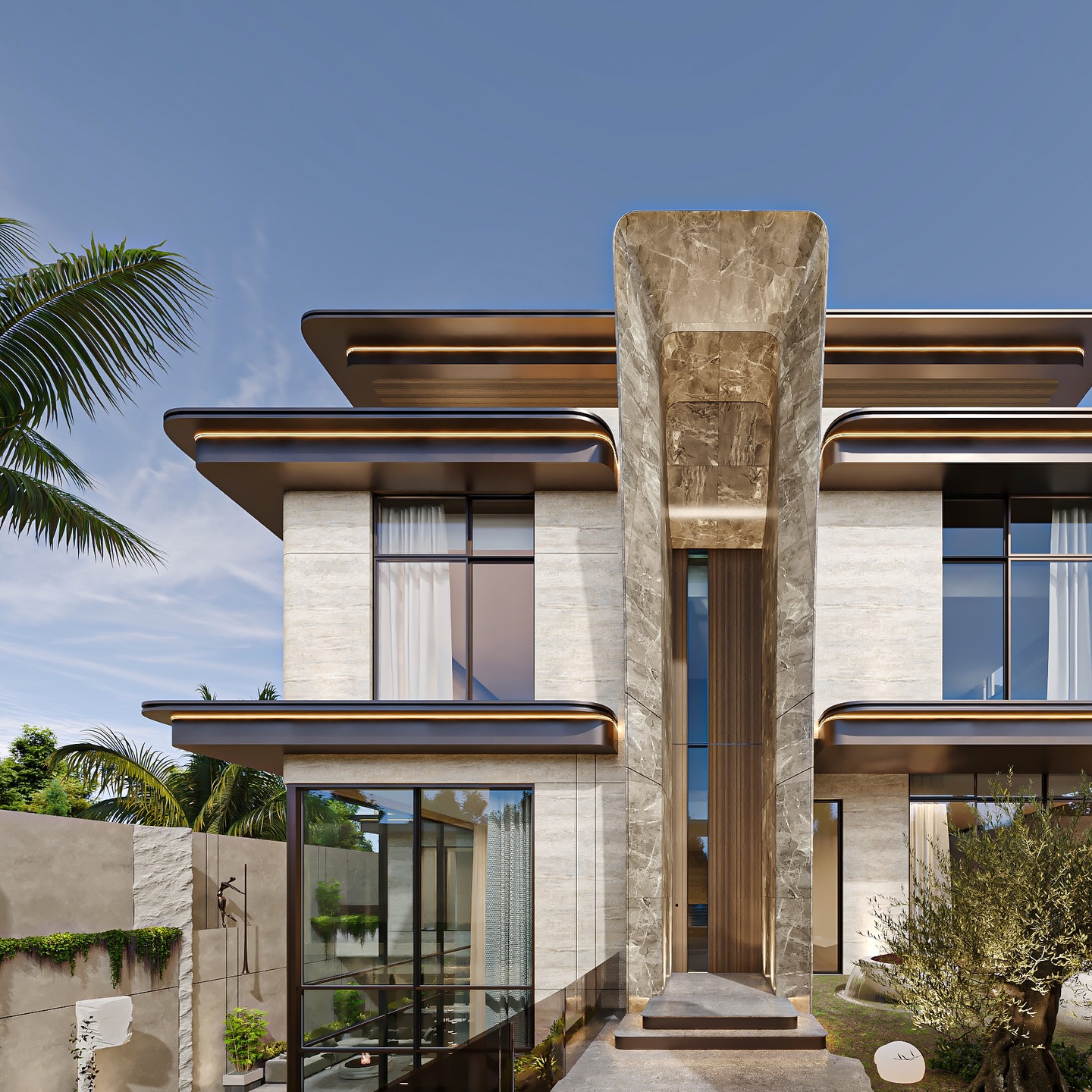 A contemporary villa designed with a strong architectural identity, where natural travertine textures, bronze detailing, and layered horizontal lines create a refined balance between elegance and strength.
The central vertical stone feature frames the entrance like a sculptural element, emphasizing height and arrival, while the extended roof lines with integrated lighting define the architectural silhouette at night.
Large panoramic glazing connects interior spaces with landscaped courtyards, allowing light, greenery, and architecture to interact seamlessly.
A composition of clean geometry, natural materials, and carefully crafted details — designed to stand timelessly.
📍Riyadh, Saudi Arabia
Design by Maroon Architects
#MaroonArchitects
#RiyadhArchitecture
#LuxuryVilla
#ContemporaryVilla
#ModernArchitecture