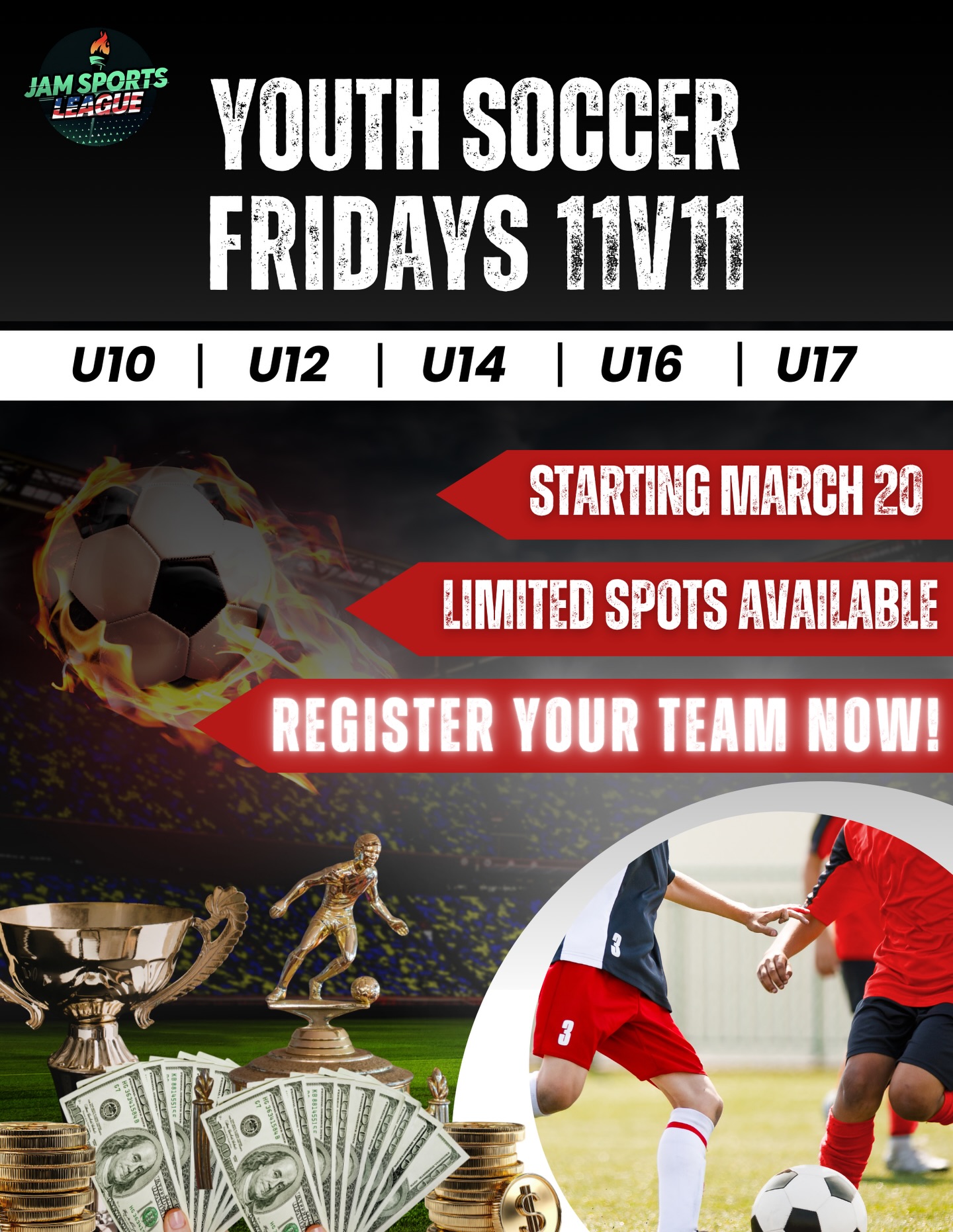FRIDAY NIGHTS TAP IN 🔥🔥
U10 • U12 • U14 • U16 • U17 divisions competing for:
💰 CASH prizes
🏆 Trophies
🥇 Medals
⚽️ Jerseys
📆 Starting March 20
🥅 FRIDAYS 11v11
Limited spots available
📩 DM to register your team!
#youthsoccer #localsoccer #jamsportsleague