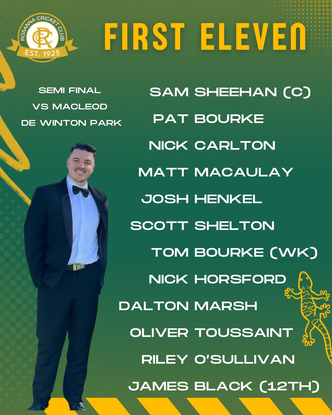 🚨 SEMI FINAL TEAMS 🚨
Get down to support the boys for what is a huge weekend for the club!
Let’s get 2 wins into the Geoff Wilson medal night on Sunday night 😋
Go Reptiles 🦎💚