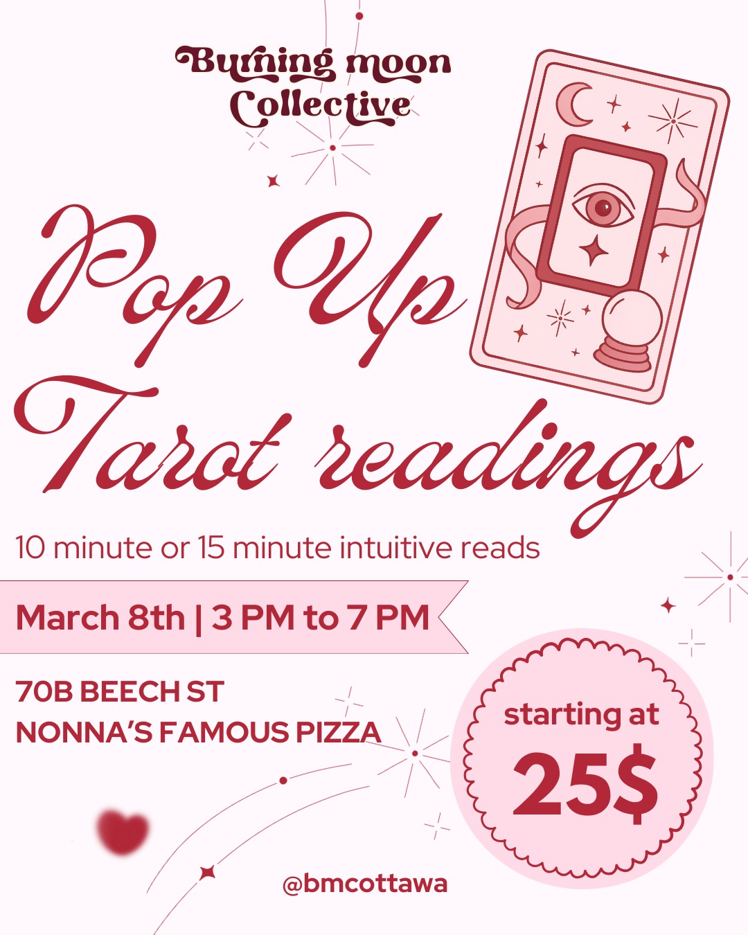 International Women’s Day is one of my favourite days to celebrate, and this year I’m beyond excited to gather with incredible vendors and community for such an amazing cause: Slices & Solidarity 💐🌸
As we move through the fast-paced Fire Horse year and the seasons begin to shift, come take a moment for yourself and receive some tarot insight to help guide you 🔮
You all loved the Tarot-to-Go cards at my last few pop-ups, so they’re making a return! Each one holds a specially curated message from your spirit team and guides for you to take home ✨
If you purchased a Tier 3 fundraiser ticket, bring your proof of purchase to receive a complimentary reading or Tarot-to-go
📅 When: March 8th, 3–7 PM
📍 Where: Nonna’s Famous Pizza
💌 Gift cards will also be available if you’d like to gift someone you love (or yourself) a 1:1 with me
💵 Cash, e-transfer, debit, and credit will be accepted
See you Sunday 🌸🌸🌸