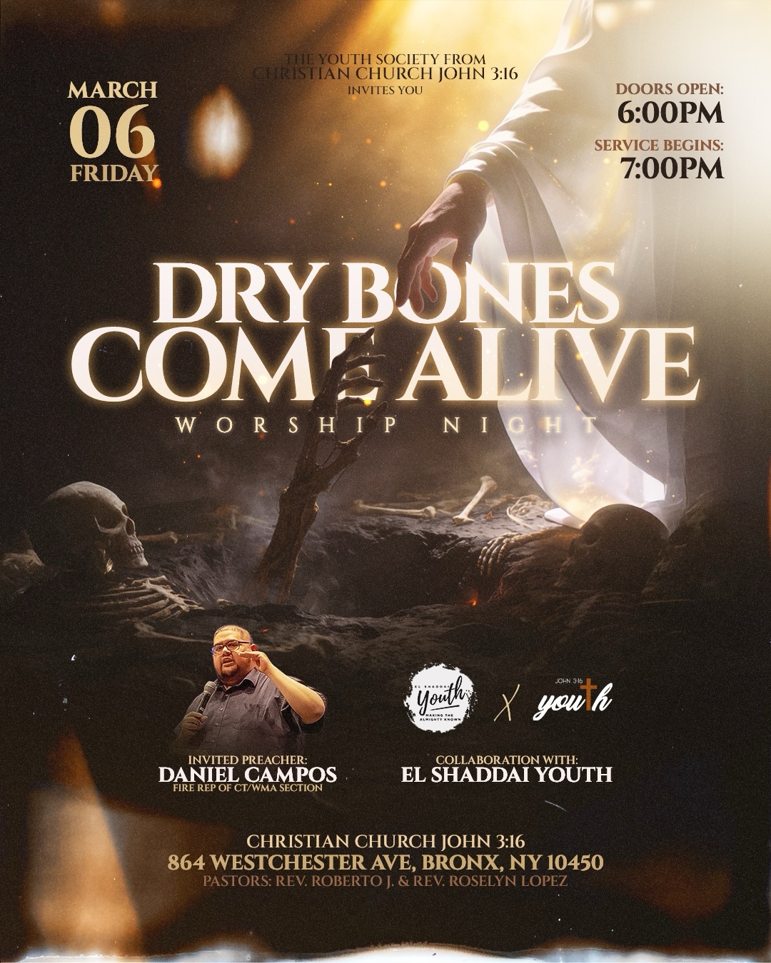 ¡Estamos declarando VIDA sobre lo que parece estar muerto! Ven y sé parte de nuestra Noche de Adoración: DRY BONES COME ALIVE! ❤️🔥
Estamos emocionados de colaborar con @esy_1307 y también nos acompañará en la Palabra, Fire Rep de CT/WMA Section @danielcampos1022 🙌
¡Marca tu calendario! 🗓️ 6 de Marzo
Las puertas abren a las 6:00 PM
El servicio comienza a las 7:00 PM
No podemos esperar a ver lo que Dios tiene preparado para todos nosotros. ¡Todos están invitados a unirse! ❤️🔥
We are declaring LIFE to what may seem dead! Come be apart of our Worship Night: DRY BONES COME ALIVE! March 6th ❤️🔥
We are excited to be collaborating with @esy_1307 also Joining us in the Word, Fire Rep from CT/WMA Section @danielcampos1022 🙌
Mark your Calendars! 🗓️ March 6th!
Doors open at 6:00PM
Service begins at 7:00PM
We can’t wait to see what God has in store for us all. Everyone is Invited to Join Us. ❤️🔥
#DryBonesComeAlive #NightofHope #NightofRestoration
