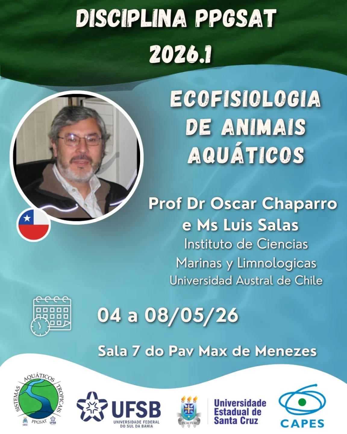 Disciplina ofertada pelo PPGSAT no Programa PRAPG/UESC - UFSB. A disciplina Ecofisiologia de animais aquaticos" será oferecida entre os dias 4 a 8 de maio de 2026 na UESC. Os discentes UESC interessados devem realizar a solicitação na secretaria do seu programa que nos solicitará a abertura de vagas.
Em breve abriremos edital para Aluno Especial (externos)!!!
A ementa está disponível no site: www.ppgsat.net/disciplinasdocurso
@propp_uesc @proppg_ufsb