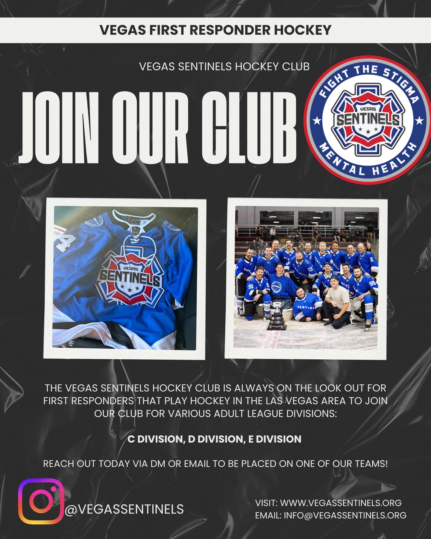 The Vegas Sentinels Hockey Club brings together first responders of all professions, including police, fire, EMS or military, to enjoy the game of hockey, be it adult league, tournaments or exhibition games for good causes.
Are you a first responder in Las Vegas looking for a team? Reach out today to be placed on one of our teams.
Email info@vegassentinels.org today
#hockey #lasvegas #firstresponder #firstresponderhockey
