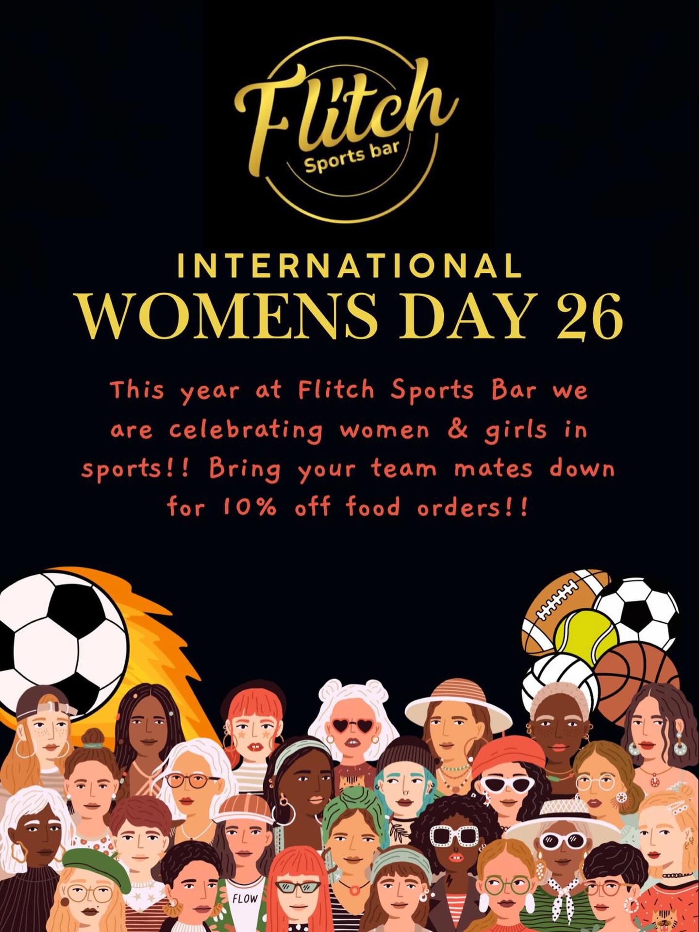 This International Women’s Day we’re celebrating women and girls in sport! ⚽🏀🎾
Bring your team down to Flitch Sports Bar and enjoy 10% off food orders.
Proudly Uttlesford’s Best Food & Drink Venue 2026 🏆
#IWD2026 #WomenInSport #FlitchSportsBar