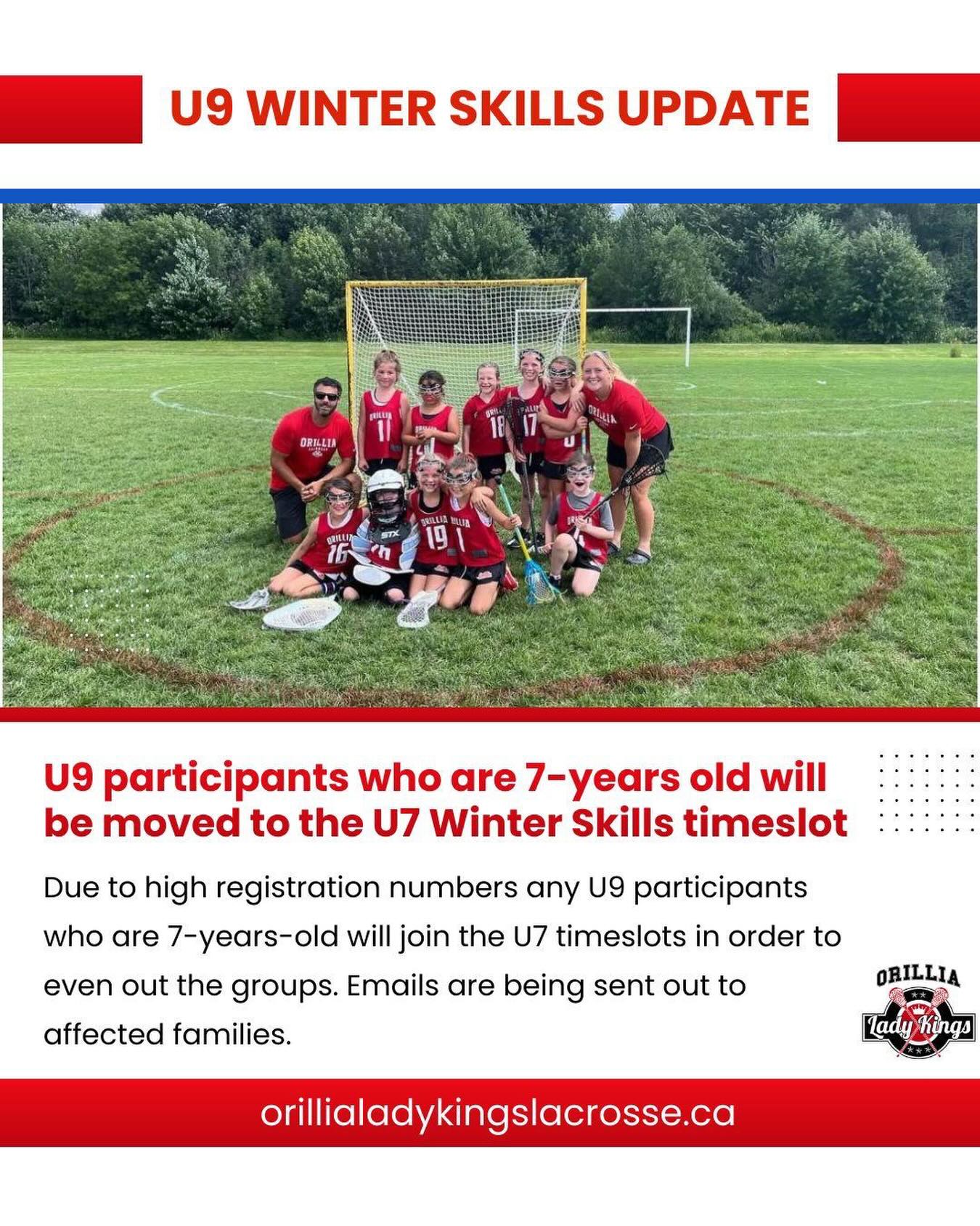 Important announcement!
Due to high volume of interest in our U9 skills sessions, our 7 year old participants registered for the skills sessions will be moved to the U7 time slot!
Keep an eye out for emails if you have already registered!
#olk #winterskills #girlslax