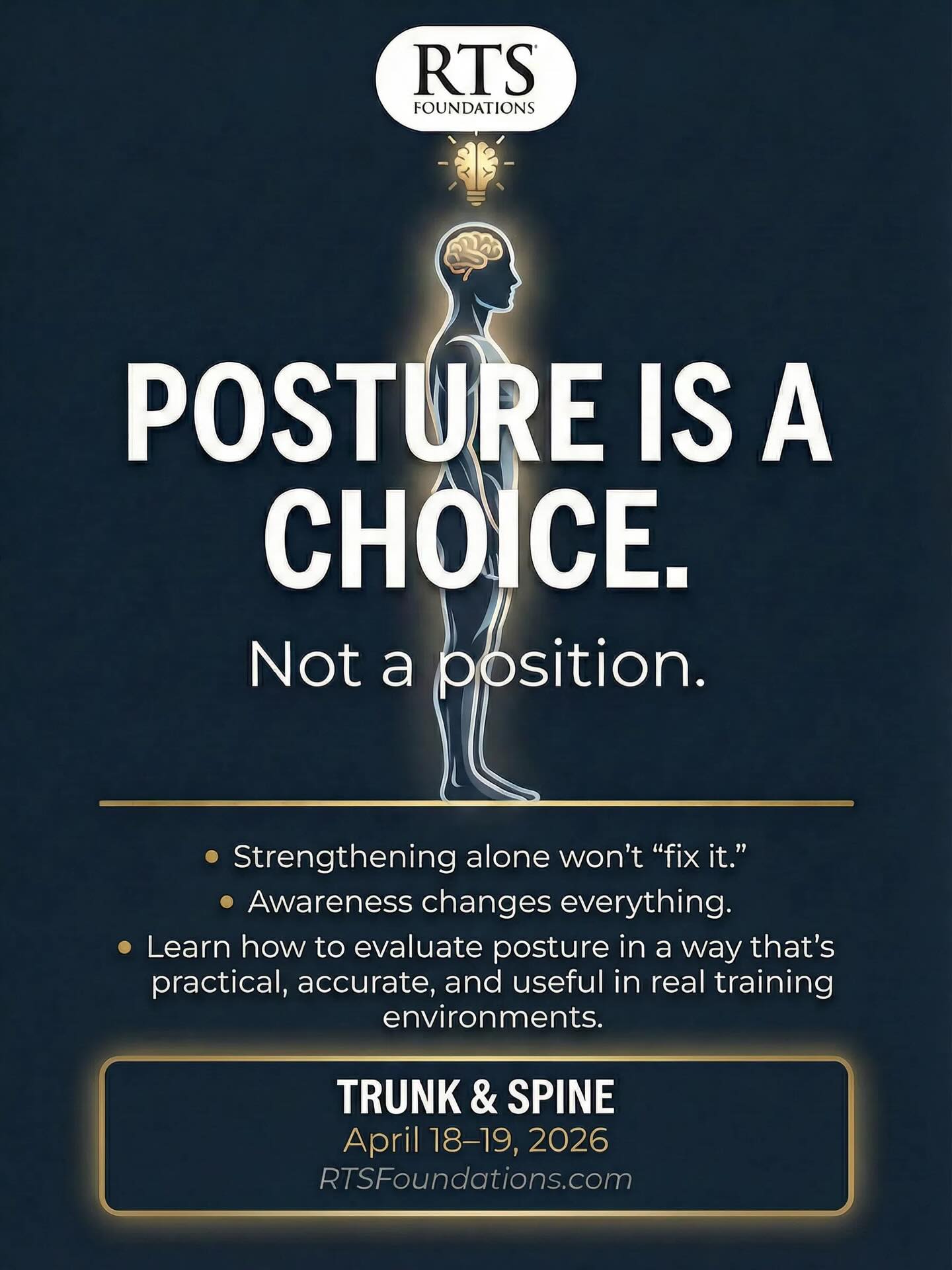 “Fix your posture?”
Here’s the truth 👇
Getting stronger alone is unlikely to improve your gross positioning against gravity.
Think of it this way. You can strengthen your shoulder flexors, but can you get so strong that your arms stay elevated involuntarily all day long?
Of course not, and if that sounds ridiculous, but you believe strengthening your spinal erectors alone will keep you propped up then you’re buying into the same absurd misconception.
Posture isn’t just about strength and it’s not a single ideal position. It’s about choice. As long as a position is available within your joint range, you have the ability to choose it. Posture requires awareness and is also affected by individual structural idiosyncrasies and even emotional states.
A 90 year-old and a 9 year-old with “poor posture” likely have vastly different influences on why. You must consider them all!
In my upcoming class, we’re diving into the concept of the trunk and spine.
How to build awareness and control — not just tension.
What can you really affect?
How much is up to the client?
Don’t we assess and addresses this with every exercise anyway?
What is the value of looking at it and only one initial scenario?
If you’ve been chasing posture through endless strengthening exercises, it’s time to rethink your approach.
Stronger doesn’t automatically mean better positioned.
Control. Awareness. Choice.
That’s posture!
#TakeRTS
April 18-19. Limited seating!
Register at RTSFoundations.com