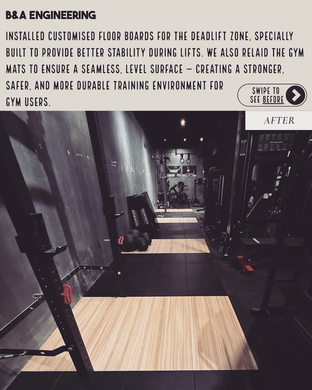 We recently completed this commercial gym upgrade — installing customised floor boards for a dedicated deadlift zone and relaying the gym mats to enhance both function and finish.
No matter the size of the job, we focus on getting the details right and delivering quality workmanship every time.
We handle commercial projects big or small — and we do them properly.
📩 DM us for enquiries. #singapore #gym #renovations #beforeafter