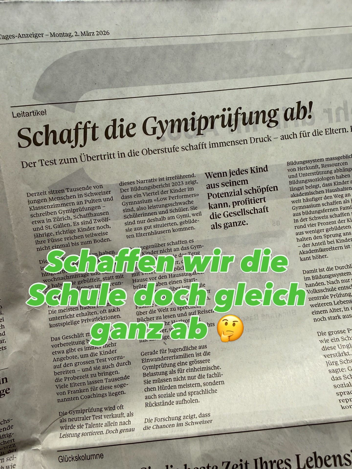 Die Gymiprüfung abschaffen, weil sie Druck erzeugt? 🤔
Leistung gehört nun einmal zum Leben – in der Schule, im Beruf, überall. Wer sich anstrengt und Ziele verfolgt, darf auch stolz auf das Erreichte sein. 💪
Statt Prüfungen abzuschaffen, sollten wir Kinder stärken, mit Herausforderungen umzugehen. Das ist echte Vorbereitung aufs Leben. 🎯