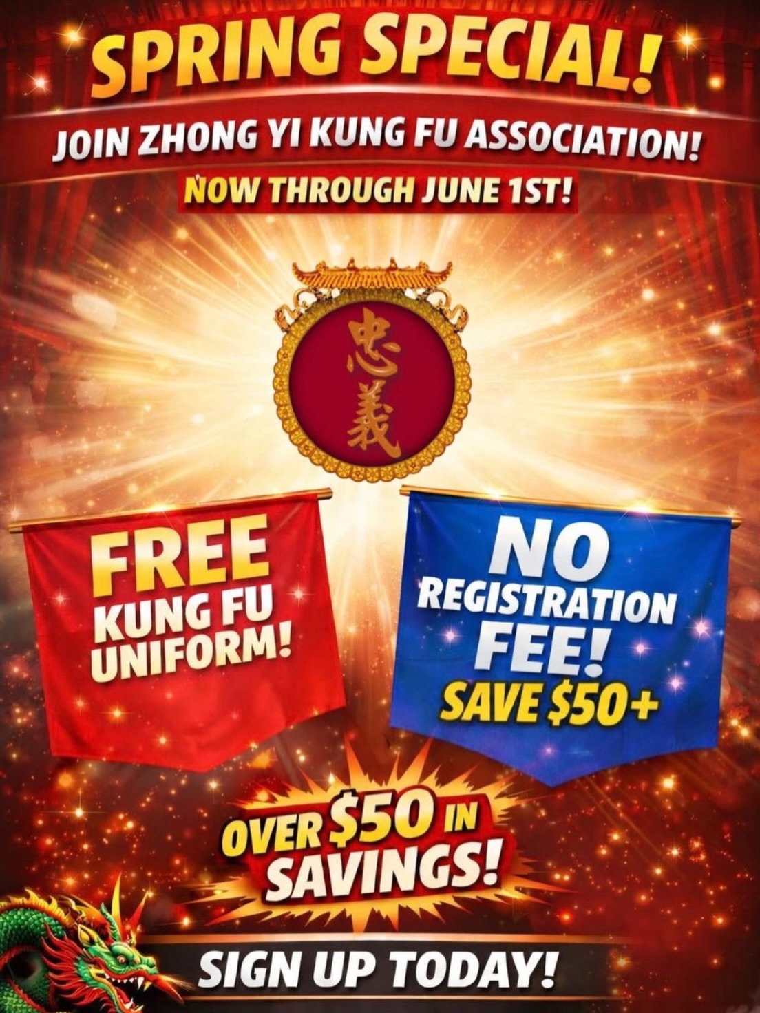✨ Spring Special at Zhong Yi Kung Fu Association! ✨
Looking to start your martial arts journey? Now is the perfect time to join the Zhong Yi Kung Fu Association (ZYKFA)!
From now through June 1st, all new students who sign up will receive:
✅ FREE Kung Fu Uniform
✅ NO Registration Fee
That’s over $50 in savings just for getting started! 💥
Whether you’re interested in traditional Kung Fu, lion dance, kickboxing, improving fitness, building confidence, or becoming part of a supportive community, ZYKFA is ready to welcome you.
Classes are forming now — don’t miss out on this limited-time promotion!
#madisonwi #danecounty #mcfarlandwi #uwmadison #kungfu
📩 Message us today for more details or to schedule your first class.
Let’s train hard and grow stronger together! 🐉🥁