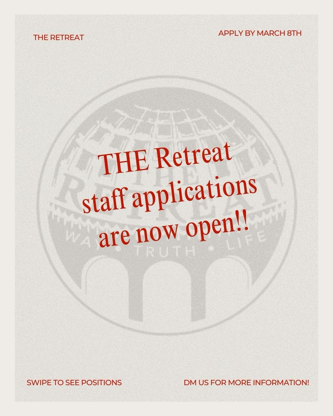 Are you looking for a way to help incoming Freshman find a Christian community on campus? Apply to join our staff for THE Retreat!
We are looking for current Ohio State students to be counselors, CREW and worship team for THE Retreat, a retreat for incoming freshman to help them find Christian community on campus.
Applications are open until March 8th, feel free to dm us for more information!