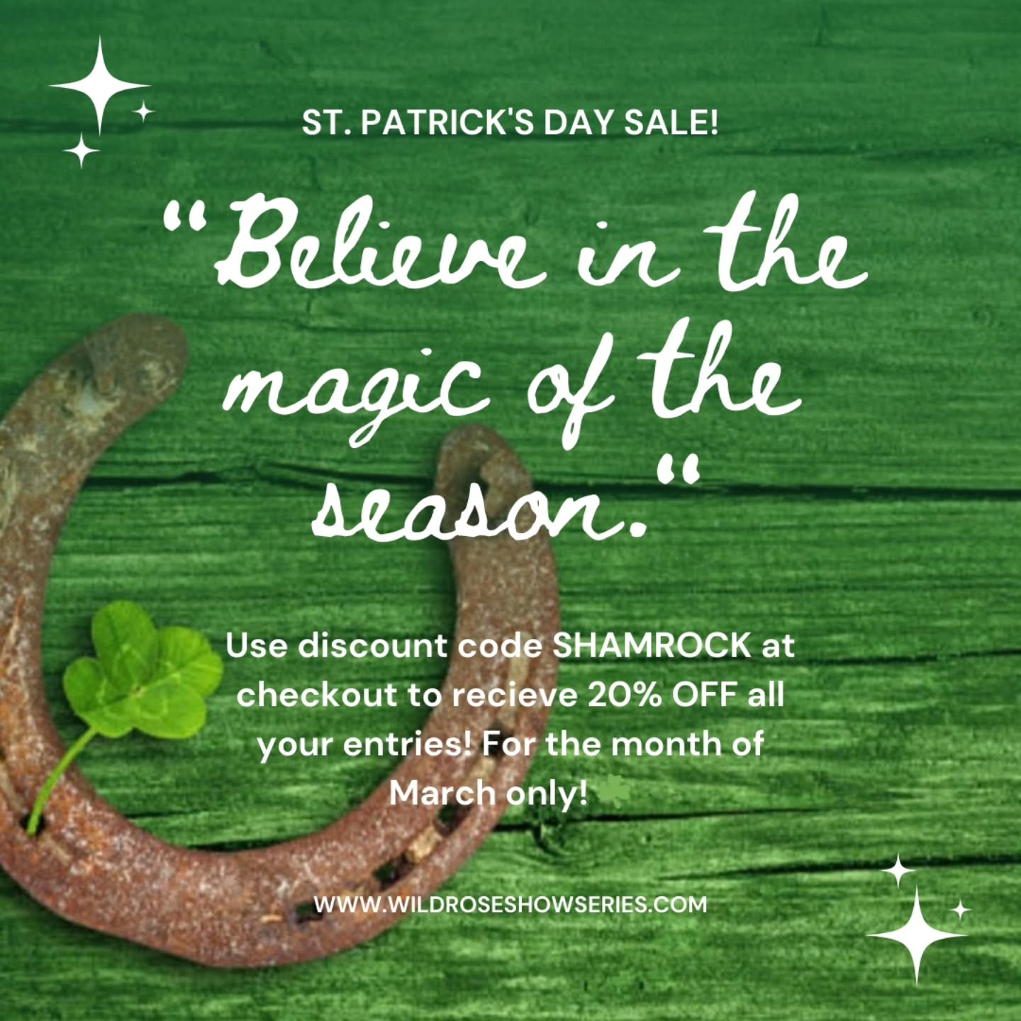 π St. Patrickβs Day Special β March Only! π
To celebrate St. Patrickβs Day, weβre offering 20% OFF all entries for the entire month of March at the Wild Rose Virtual Horse Show!
Whether you're entering your first class or submitting another round, now is the perfect time to ride for ribbons and prizes while saving on your entries.
Grab your horse, find a little luck of the Irish, and join riders from around the world in our March show! ππ
β¨ Use code: SHAMROCK at checkout
π
Valid March 1β31
We canβt wait to see you in the virtual show ring!
#WildRoseVirtualHorseShow #VirtualHorseShow #HorseRiders #EquestrianLife #horseshow