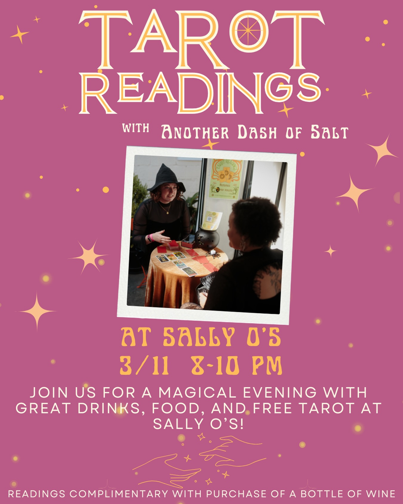 This Wednesday! Find me back @sallyosmd offering tarot readings for #winecultwednesday 🍷🔮
Bottles of wine 50% off & tarot readings free with a bottle of wine! Grab a drink and see what answers the cards have for you!
#baltimoreevents #baltimoretarot #baltimoretarotreader #thingstodoinbaltimore