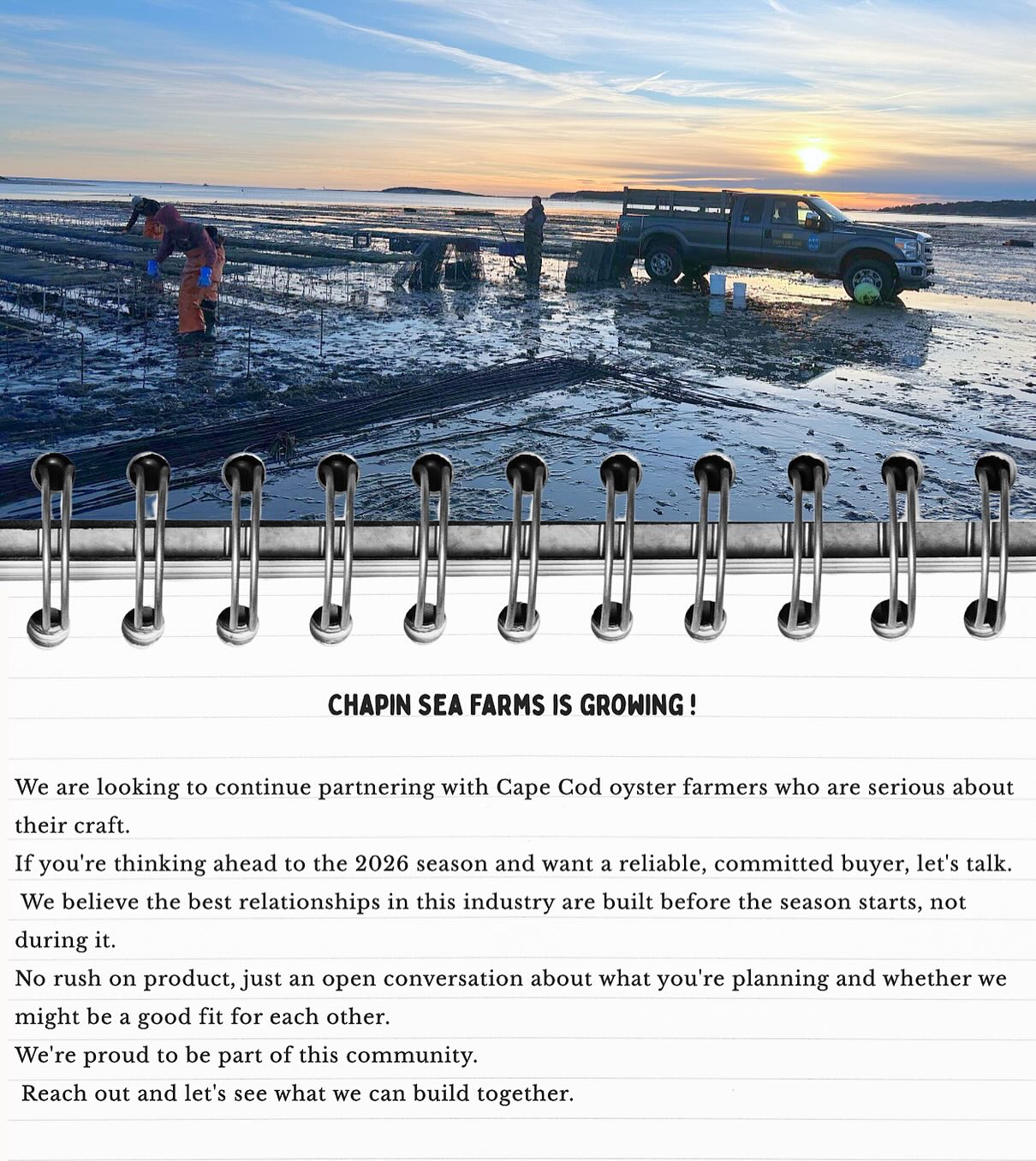 Some of the best partnerships on the water start with a conversation on land.
We’re looking for Cape Cod farmers who love what they do. Sound like you?
Drop us a message 🐚🌊
#almostsummer #oysters #clams #capecod