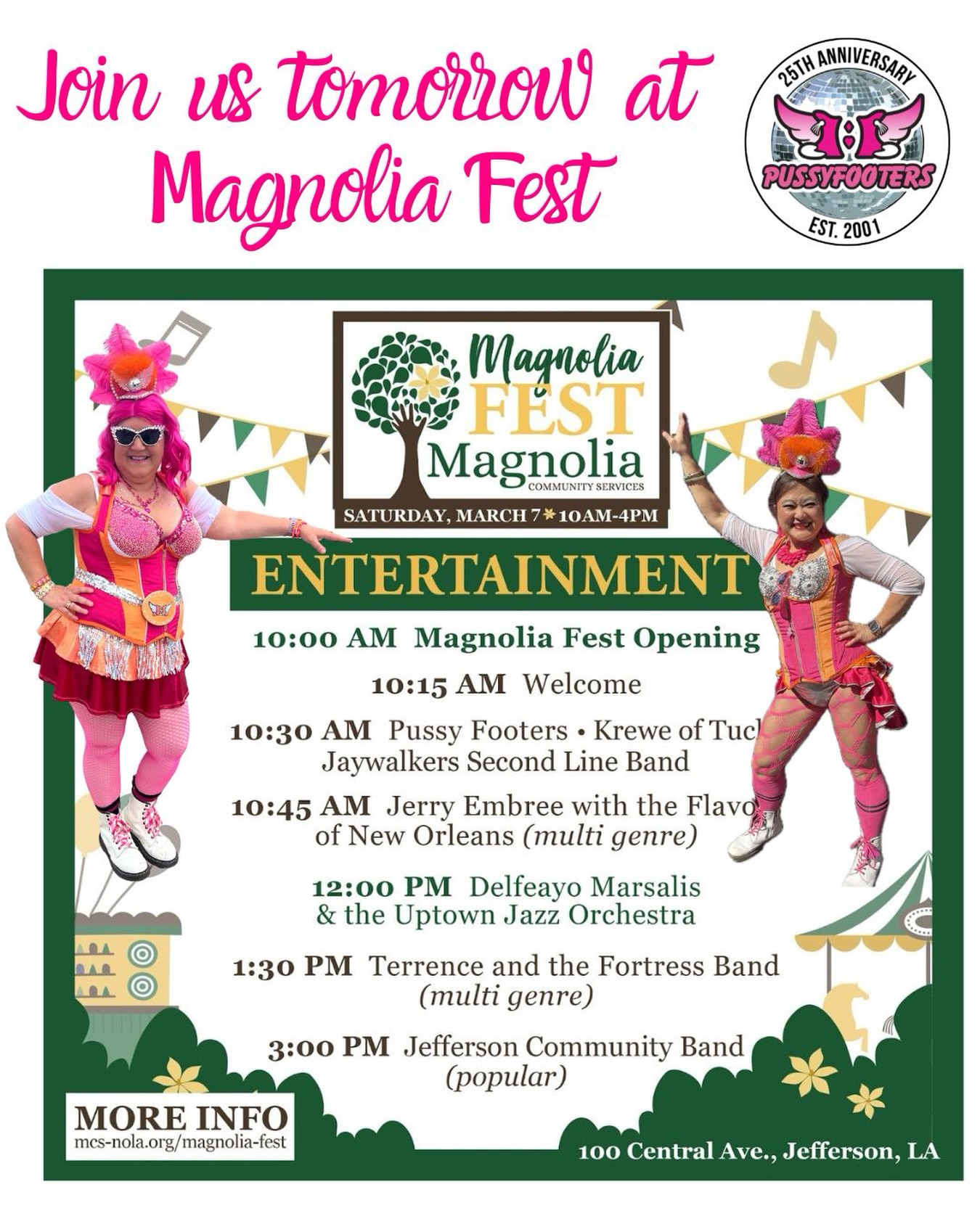 The Pussyfooters are stepping out for a great cause! 💗
Join us at Magnolia Fest as we help support Magnolia Community Services, an organization doing incredible work in our community. It’s a day of music, fun, and giving back — and we’re proud to be part of it! @mcs_nola
Come out, celebrate, and support a cause that makes a difference. 🎉