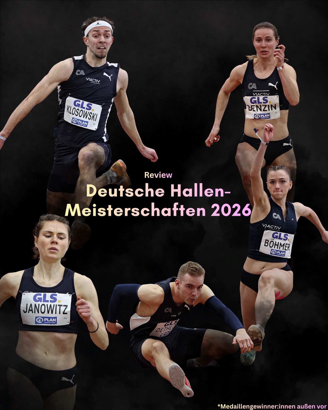 Recap Deutsche Hallen-Meisterschaften 2026
Neben unseren Medaillengewinnerinnen Imke Onnen 🥇 und Vera Coutellier 🥉 waren auch weitere Athleten von uns am Start. (Nicht im Bild zu sehen)
Mit viel Erfahrung ging Lea Sophie Benzin bei diesen Meisterschaften an den Start und das gleich zwei Mal. Über 60m lief sie sich am Sonnabend in guten 7,55s sozusagen warm für ihre 200m am nächsten Tag. Dort lief sie dann als fünftschnellste Sprinterin aus den Vorläufen mit einem kleinen q in 24,02s ins Finale. Am Ende stand dann der achte Platz mit 24,35s zubuche. (Bild 2)
Mit 15,62m aus dem zweiten Versuch lag Milan Klosowski lange Zeit auf einem Medaillenplatz, bis ihm im letzten Durchgang ein Konkurrent mit einer persönlichen Bestweite wie bereits zuvor der spätere Sieger auch mit einer persönlichne Bestweite Titel- und Medailenträume entrissen. Lediglich 18cm fehlten Milan Klosowski am Ende für Gold, da fühlt sich ein vierter Platz besonders bitter an. (Bild 3)
Berit Janowitz lief über 800m in 2:10,55 min insgesamt auf den 16. Platz. (Bild 4)
Yara Böhmer gelang mit 12,43m der elfte Platz im Dreisprung! (Bild 5)
Timon Dethloff überquerte zwar in seinem Halbfinale als Schnellster die erste Hürde, doch leider hat sich die fehlende Praxis, auf Grund einer Adduktorenverletzung, dann an der fünften Hürde gezeigt und ihn kalt erwischt. Bis dahin lag er auf Platz zwei und steuerte einem großen Q fürs Finale entgegen. Nur machte ihm dann ein technischer Fehler einen Strich durch die Rechnung, er verlor die Balance und riss mit den Händen die letzte Hürde vor dem Ziel. (Bild 6)
*Unsere Medaillengewinnerinnen findet ihr in separaten Posts.
Fotos: @dirkgantenberg
#teamCA #nationals #athletics #indoor #trackandfield