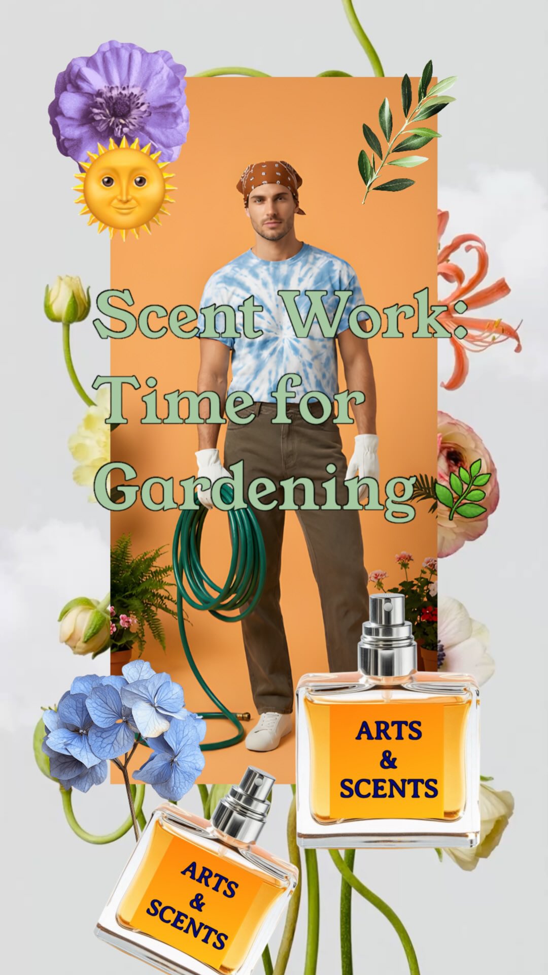 Fragrant Gardening Time, sun and spring awakening. Scent Work — Happy Morning sunlight, hands in soil; hearts in bloom, rosemary, wet earth, and blossom rise, green promise, #fragrance threads the day: 🌿🌞✨Gardening distilled. #artsandscents #trueperfumelove #scentoftheday #gardening