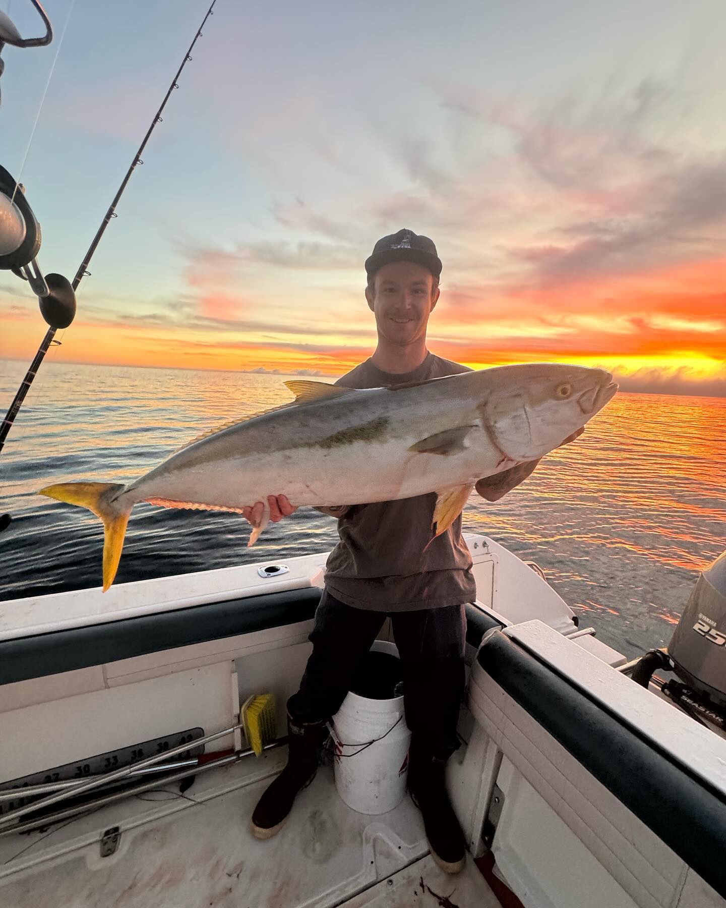 Really had to work for our bites this week, but with that said, the bites we did get were worth the effort. @noah_irving__ showing off a California reef donkey that decided to bite right at sundown. Rain delay this coming weekend but we’re right back to it when the rain and wind pass. This kind of fishing requires a lot of patience and isn’t always a home run - but if knocking off a trophy yellowtail is on your list, give us a shout and we’ll get you set up. #aftco #anyfishanywater #seewhatsoutthere