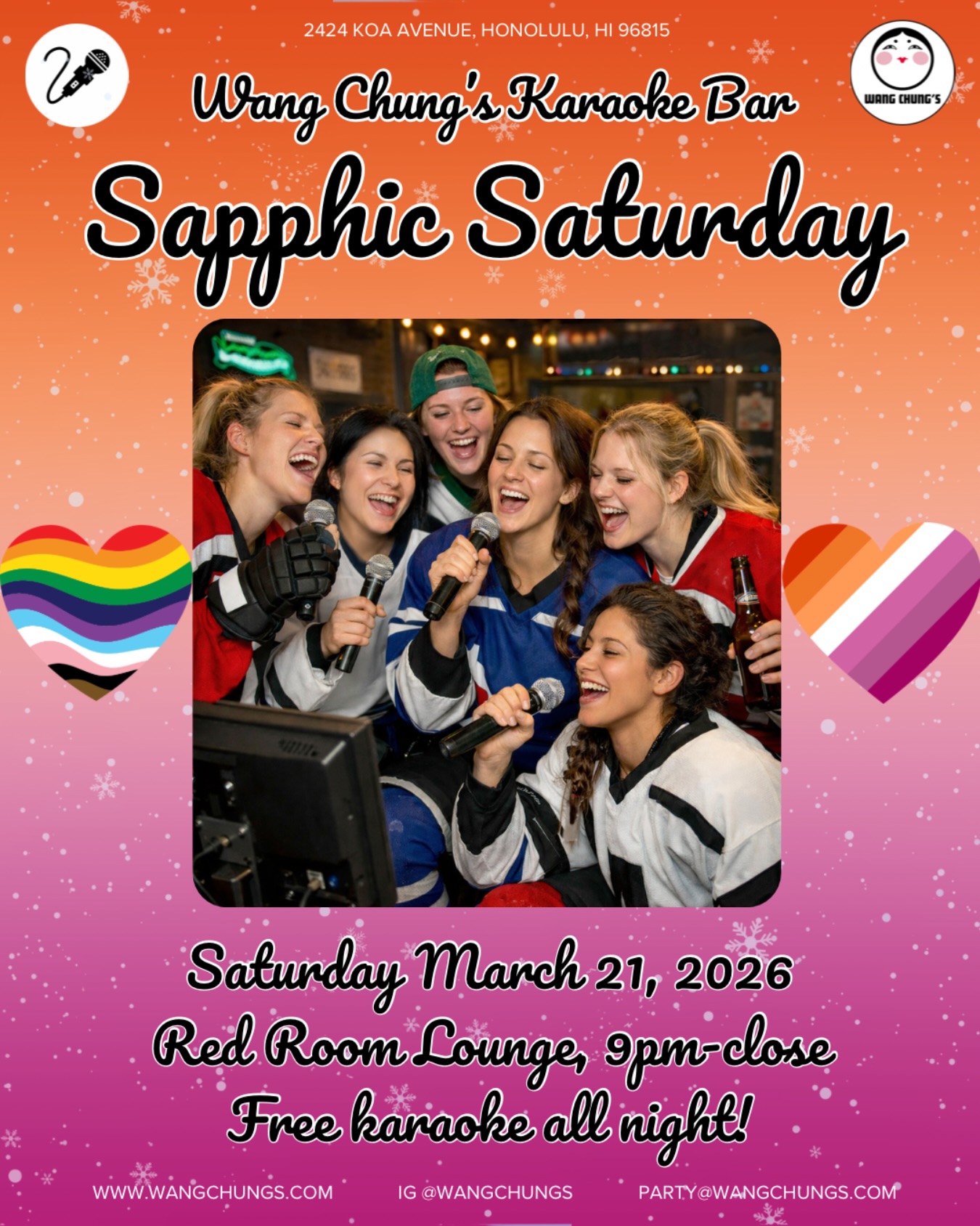 Sapphic Saturdays at Wang Chung’s! Come vibe with your LGBTQI+ fam on Saturday 3/21/26. Elevating our womyn and queer folx! 🩷🧡🤍🩵