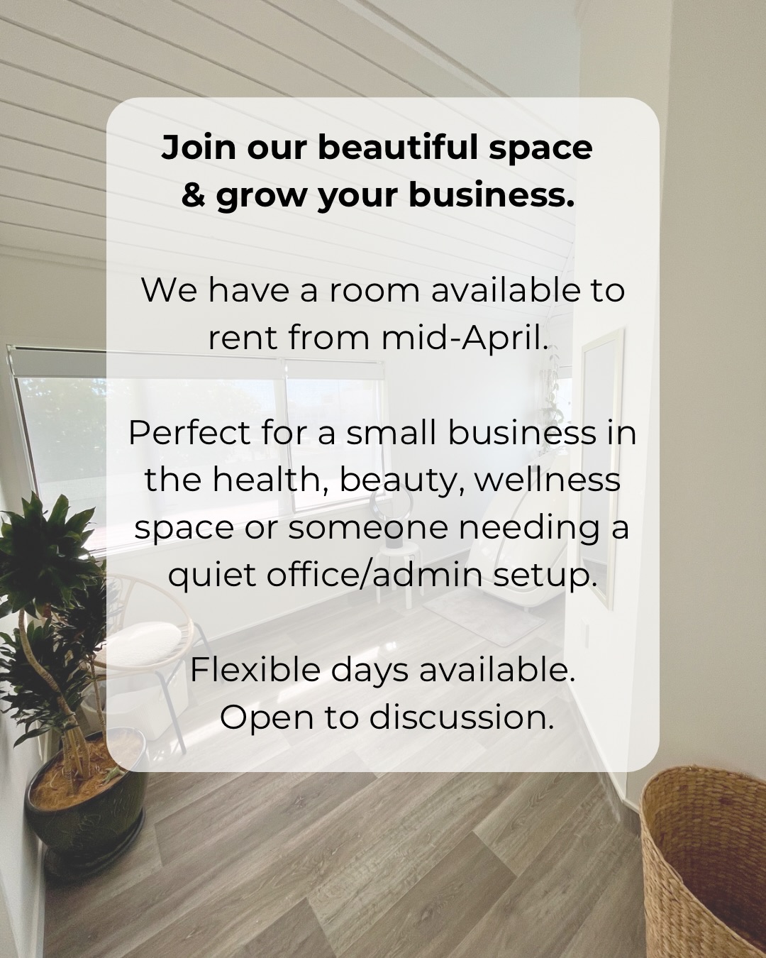 A calm, private, welcoming room is available to rent inside Flow Clinic, perfect for a small business in the health, beauty, wellness space or someone needing a quiet office/admin setup.
The room can comfortably fit a massage table with seating or be set up as an office.
Included:
• Power
• Bathroom and laundry access
• Shared reception and waiting area
• Secured parking options
We’re currently upgrading our larger treatment room to move our ozone sauna pod and creating space for the right person to join our wellness space.
If you’ve visited the clinic before, you’ll know it has a relaxed, calm atmosphere that clients love.
Available from mid-April.
Flexible days available — open to discussion.
If this sounds like the right fit for you or someone you know, feel free to send me a message.
Charlene ❤️