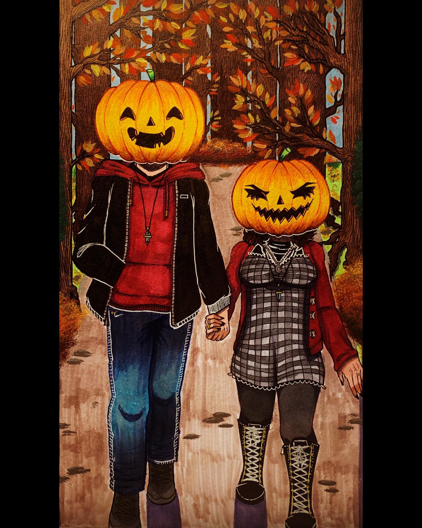 Since the highest vote was for something fall related🍁
I decided to draw me and my boyfriend @santiabrab0 wearing our pumpkins and strolling along outside ;)
-
He designed his how pumpkin because he thinks his design fits his personality/ humor 💀♥️
-
#fall #autumn #autumnvibes #couple #drawing #drawings #drawingsofinstagram #artist #art #artwork #artistsoninstagram #artgallery #artistsupport #pumpkinchallenge #pumpkin #spookyseason #spookyart #spooky
#fallvibes #traditionalart #gellyroll #artistloftmarkers #micron #copicmarkers #gouache #himi