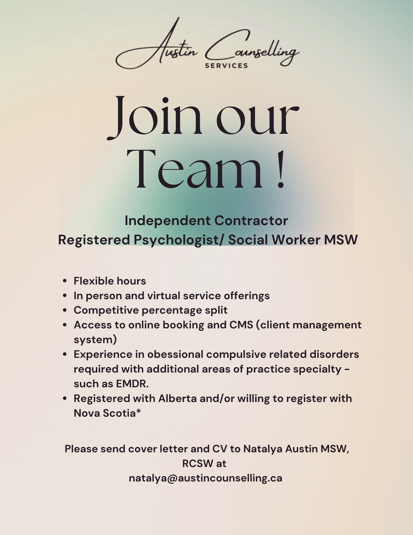 Austin Counselling is growing 🌱
We are already in AB and NS, and growing to look at adding a contract therapist who loves thoughtful therapy, learning new things, and doing meaningful work with clients.
Our practice focuses on OCD, anxiety, and body-focused repetitive behaviours, and we care a lot about creating a space where both clients and clinicians can grow.
If you’re a therapist who is curious, compassionate, and enjoys collaborative work, this might be a great fit.
Perks of Joining Us:
Booking and CM platform provided (Owl Practice)
Office space for in-person services
Admin Support - direct billing options
Marketing strategies
Competitive Commission
Send a message or email if you’d like more details.