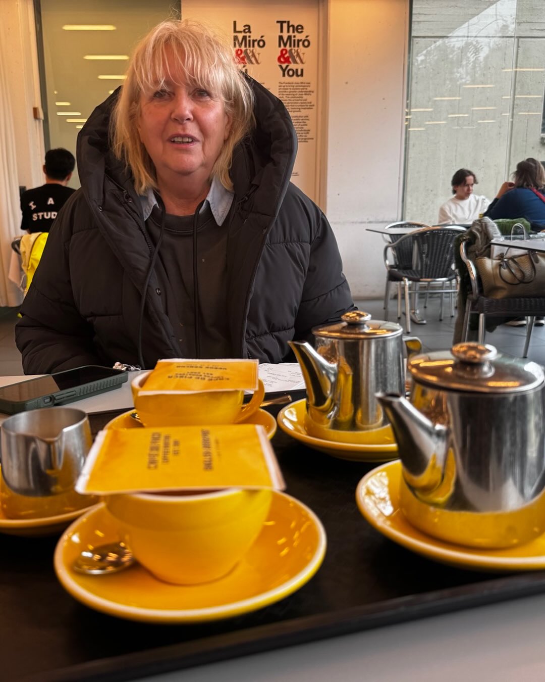 Every cuppatea tells a story . Barcelona, Joan Miro museum . Heavy heavy rain, cold hop on hop off bus , actual Miro exhibt closed ( I love far more than Picasso the other famous artist of this city ) , disappointed . No sun in the sky but here on our tables cups glow the warmth of anticipation of a warming cuppa of herbal nectar poured inton golden suns . Sunshine found us in the Miro museums cafe . Friendship forged since our teens, living on different continents meeting up in Barcelona. M I for Parabere forum starting in couple of days . Art culture friendship snd the weathers dominance fades into sunshine glow of A cuppa moment