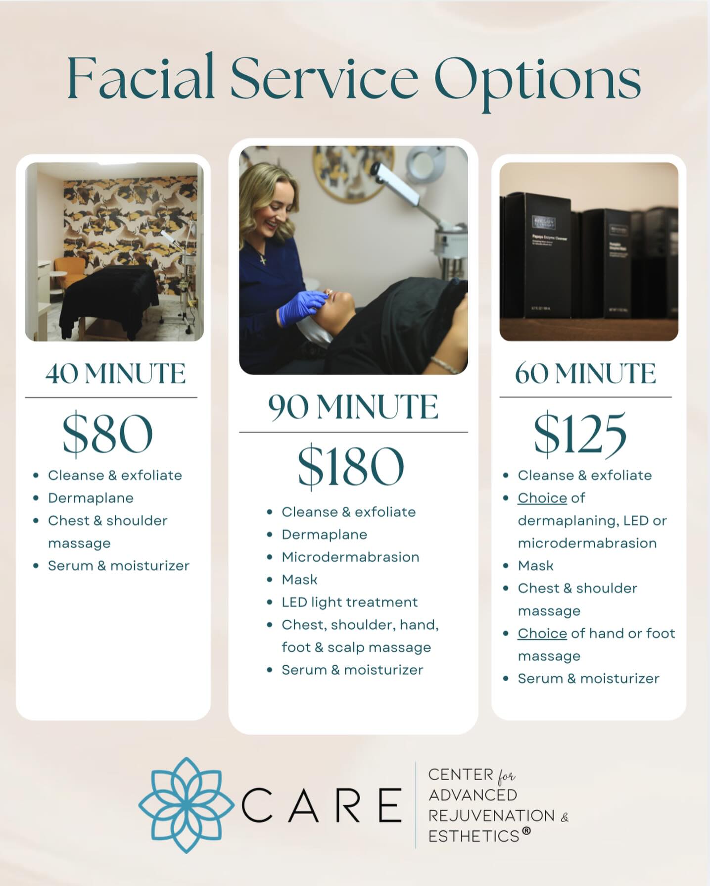 Your skin deserves time to reset and recharge. CARE Esthetics of Elkhart offers three facial options to help restore your glow. Choose the treatment that fits your needs and enjoy a relaxing experience that leaves your skin refreshed.
