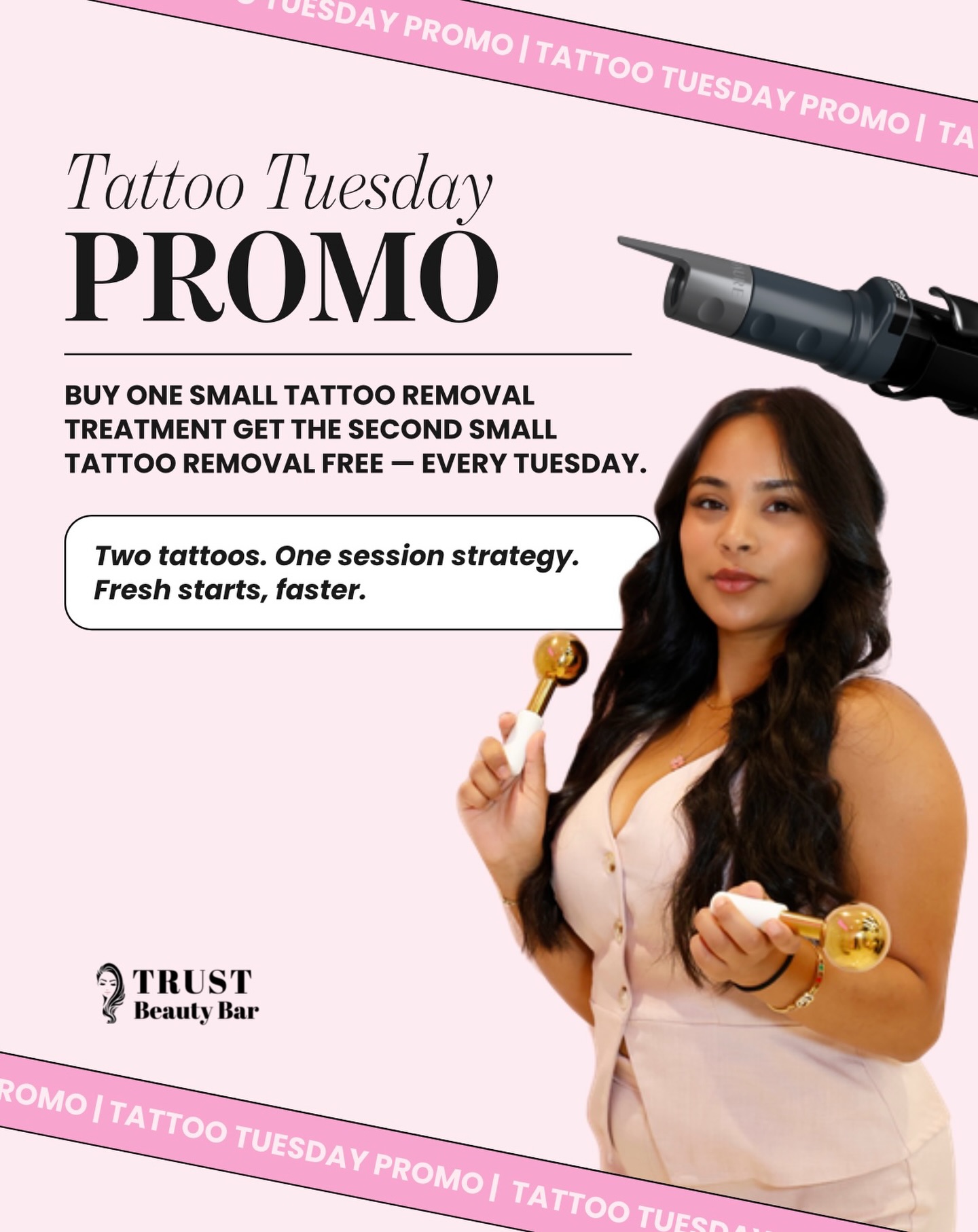 𝐓𝐀𝐓𝐓𝐎𝐎 𝐓𝐔𝐄𝐒𝐃𝐀𝐘 𝐀𝐓 𝐓𝐑𝐔𝐒𝐓 🖤✨
Some tattoos represent memories…
Others represent a chapter you’re ready to close.
At Trust Beauty Bar, we believe in giving our clients the ability to start fresh — safely, effectively, and with advanced technology.
That’s why we created Tattoo Tuesday.
✨ Buy one small tattoo removal treatment, get the second small tattoo treated FREE — every Tuesday.
Why treat two at once?
• Your body processes fragmented ink through the lymphatic system
• Treating multiple small tattoos in the same session can accelerate overall clearance timelines
• It allows us to strategically work toward clearer skin, faster
Our advanced laser technology targets pigment while keeping the surrounding skin protected — helping break down unwanted ink so your body can naturally eliminate it over time.
Because sometimes the best glow up…
is letting go of what no longer represents you.
Two tattoos. One session strategy. Fresh starts, faster.
📍 Trust Beauty Bar — Vaughan
📲 DM us or book online to reserve your Tattoo Tuesday session.
#tattoostyle #TattooRemoval #LaserTattooRemoval #TattooTuesday #PicoLaser
