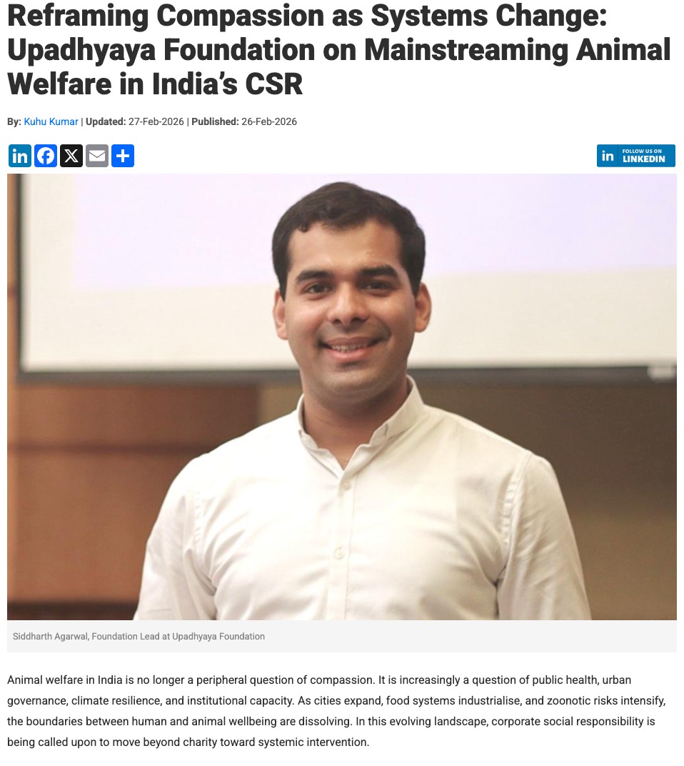 Animal welfare is often seen as a niche cause. But it intersects with far larger questions around public health, food systems, environmental sustainability, and ethics.
In this interview with Siddharth Agarwal, Foundation Lead, by TheCSRUniverse | The CSR Universe, he speaks about the need to move animal welfare from the margins of philanthropy into mainstream CSR and development conversations.
The conversation reflects on why the sector remains underfunded, how collaborative platforms like the India Animal Welfare Forum are helping build stronger ecosystems, and why long-term systems thinking—not just short-term charity—is necessary to drive real change.
It also highlights the growing recognition that caring for animals is closely tied to building healthier and more humane societies.
#CSR #AnimalWelfare #UpadhyayaFoundation #Philanthrophy #Compassion #India