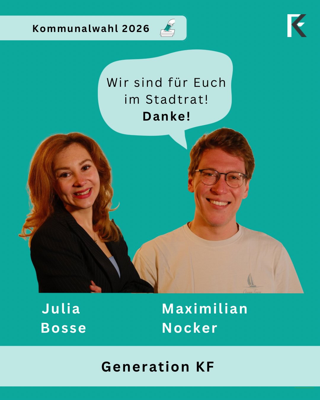 Was für ein aufregender Wahlabend gestern!
Zuerst einmal gratulieren wir ganz unseren beiden Stadträten Maximilian Nocker und Julia Bosse zum erneuten Einzug in den Stadtrat. Wir freuen uns sehr, dass Generation KF weiterhin im Stadtrat vertreten is. Das ist ein großartiger Erfolg für unser Team 💚
Ein großes Dankeschön gilt natürlich auch allen Wählerinnen und Wählern, die uns ihr Vertrauen geschenkt haben. Jede einzelne Stimme bedeutet uns viel. Natürlich hatten wir gehofft, noch mehr Menschen zu überzeugen. Insgesamt wäre es toll gewesen auch mehr Frauen im Stadtrat zu haben! Nur 11 von 40 Mitgliedern sind künftig Stadträtinnen.
Trotzdem überwiegt heute die Vorfreude. In unserem heutigen Videocall haben wir bereits nach vorne geblickt: Die kommenden Jahre bieten viele Chancen, und wir wollen weiterhin gemeinsam Projekte anstoßen und Ideen für unsere Stadt voranbringen.
Denn auch nach der Wahl gilt für uns: Generation KF – ein Team mit zwei Köpfen im Stadtrat. 💚
Wir freuen uns sehr, dass so viele Menschen weiterhin an unsere Idee glauben: jungen Menschen – ohne Parteizwang – die Möglichkeit zu geben, sich im Stadtrat zu engagieren und Verantwortung für unsere Stadt zu übernehmen. Danke für eure Unterstützung!